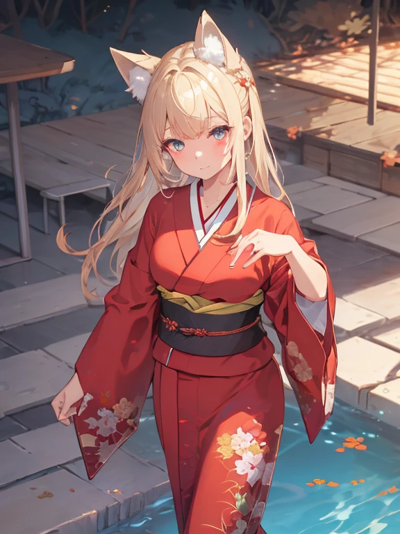 masterpiece, highest quality, Very detailed, 16k, Ultra-high resolution, Cowboy Shot, One -yeld gi Detailed face, Perfect Fingers, Fox Ears, tail, Golden Eyes, Blonde, Long Hair, Red kimono, Japanese garden, Pool, lotus, gravel, Walking