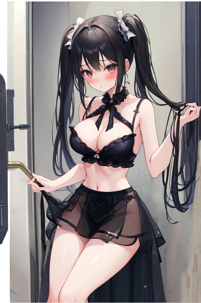A girl,Bathing,Bathing乳,bath,twintails,Long hair,Black Hair,((transparent)),Towering breasts,ta skirt,Sexy Lingerie,Flowing fabric,Slim waist,Showing belly,Smooth legs,blush,