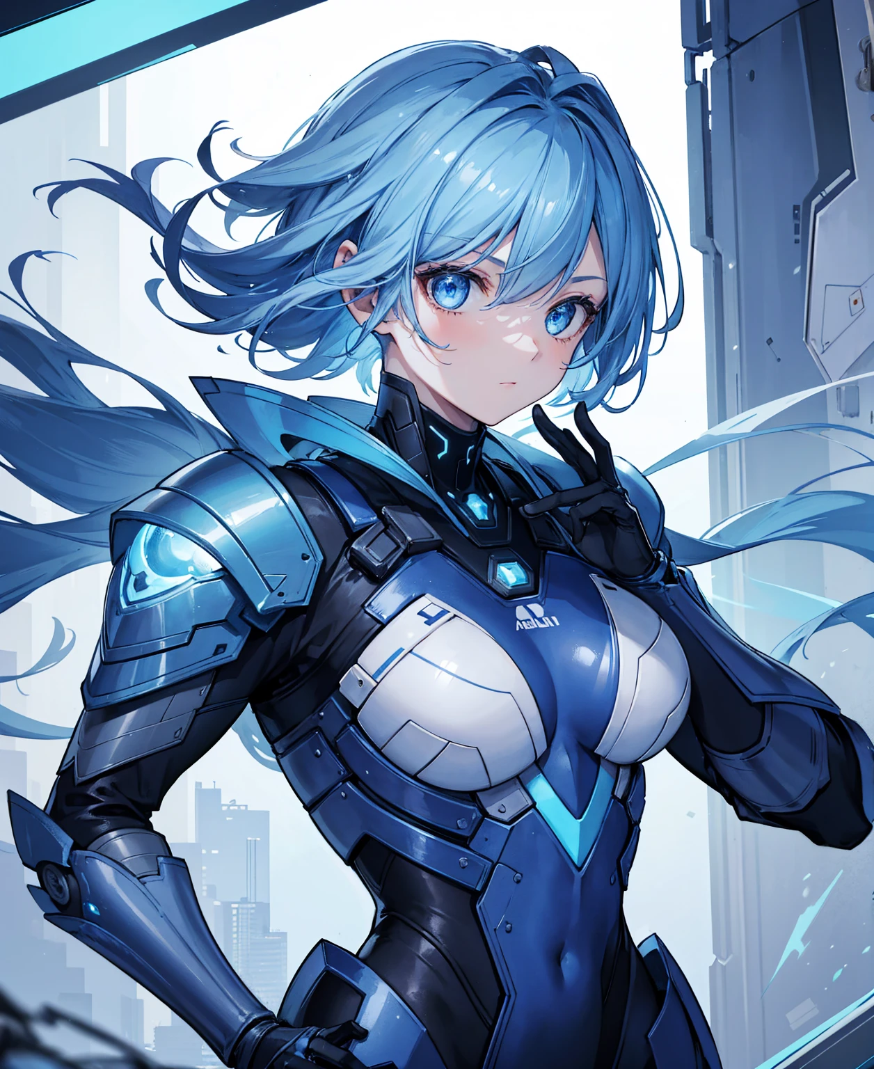 8k, highest quality, (real:1.4), Original photo, 1 girl, Asari Hair, Biological Amplifier, refined armor, posture: Peace talks between warring factions, smart blue eyes