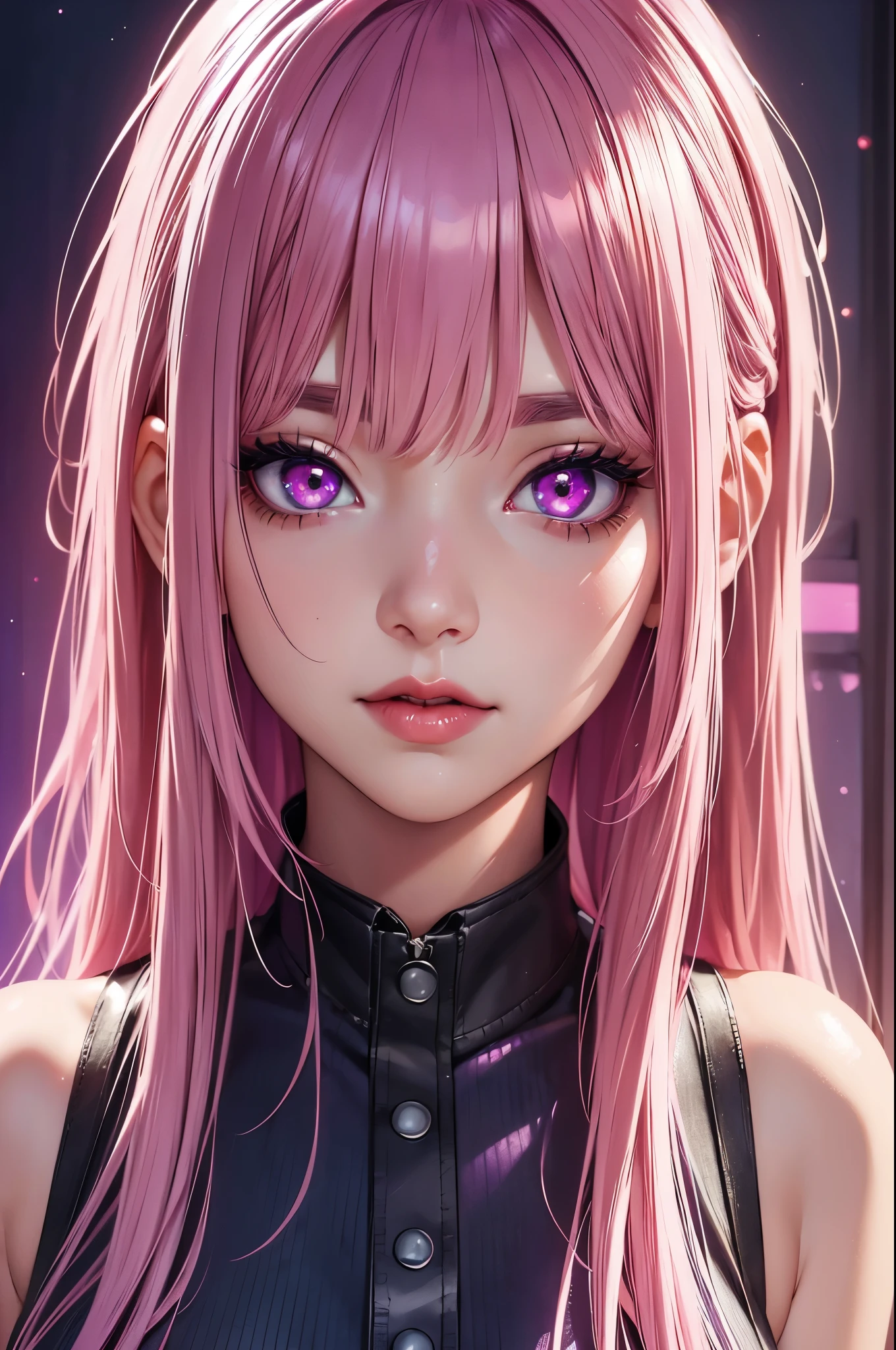 (Best quality at best,8K,A high resolution,tmasterpiece:1.2),Digital artwork, one girl,detailed face,detailed eyes,pink hair,long straight hair,glowing purple eyes,red lip,Suspenders