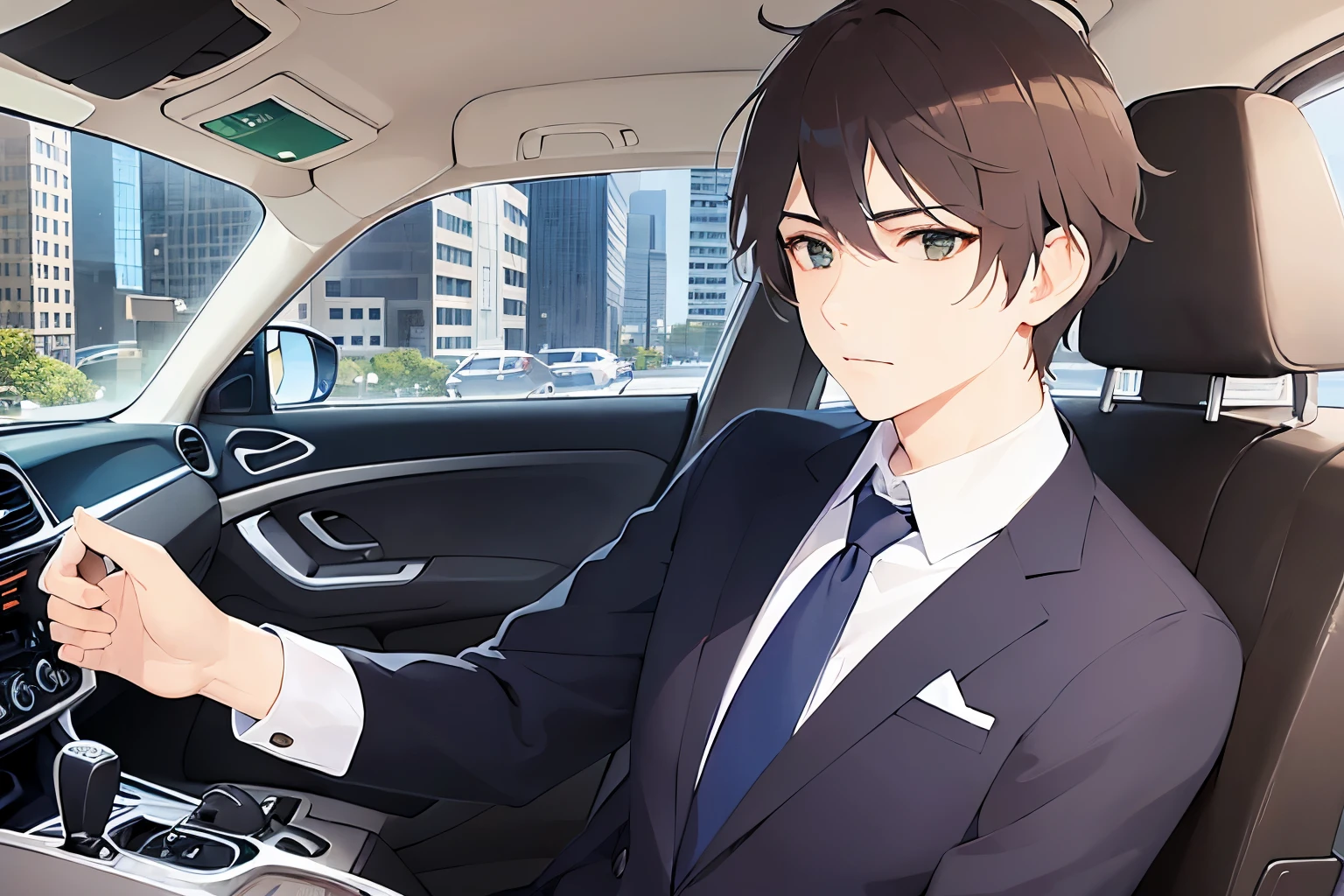 (looking away:1.5)、upper body、shiny skin, masterpiece、highest quality、(25-year-old male:1.5) and (Brown short hair) and (Green Eyes), (Wearing a suit) and (Blue tie)、(confused:1.3)、The background is the driver's seat of the car、(Alone:1.5)、driving