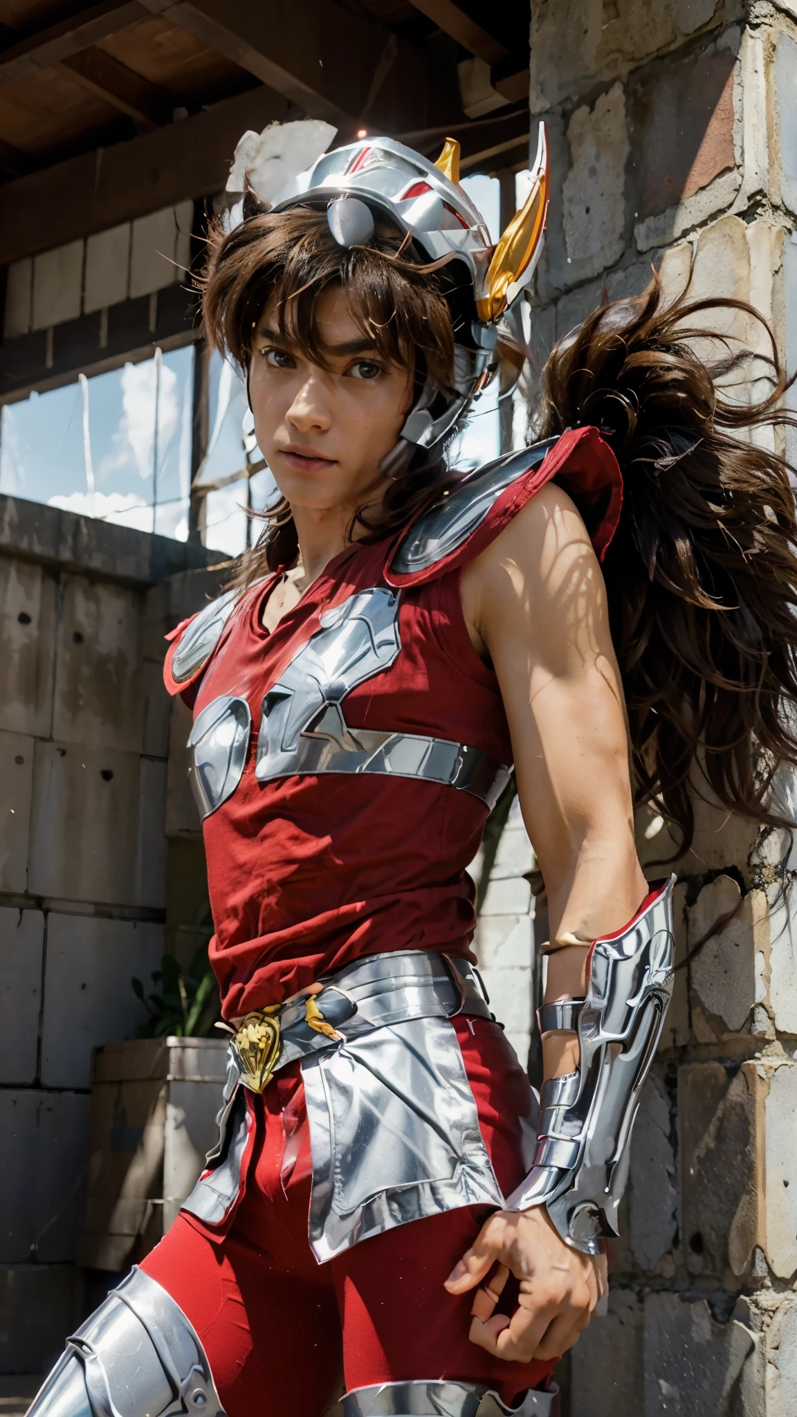 FULL BODY,((1 boy)),Pegasus Seiya,(MASTERPIECE:1.2),(REALISTIC:1.4),solo, (detail skin:1.2),
realistic skin texture,best lighting,
(Pegasus Seiya wearing a red short sleeve shirt,wearing a helmet,wearing red pants,wearing silver armor),
sanctuary of santa rosalia background:0.5