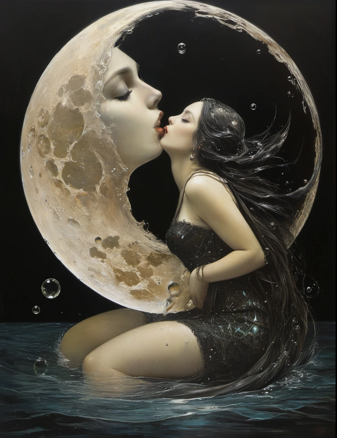 James Gurney, Surrealist art , dream-like, Mysterious, Provocative, symbolic, Complex, detailed,, (Gothic but very beautiful:1.4), (masterpiece, highest quality:1.4) , Nicola Samori Style, mermaid kissing the moon, Water bubbles