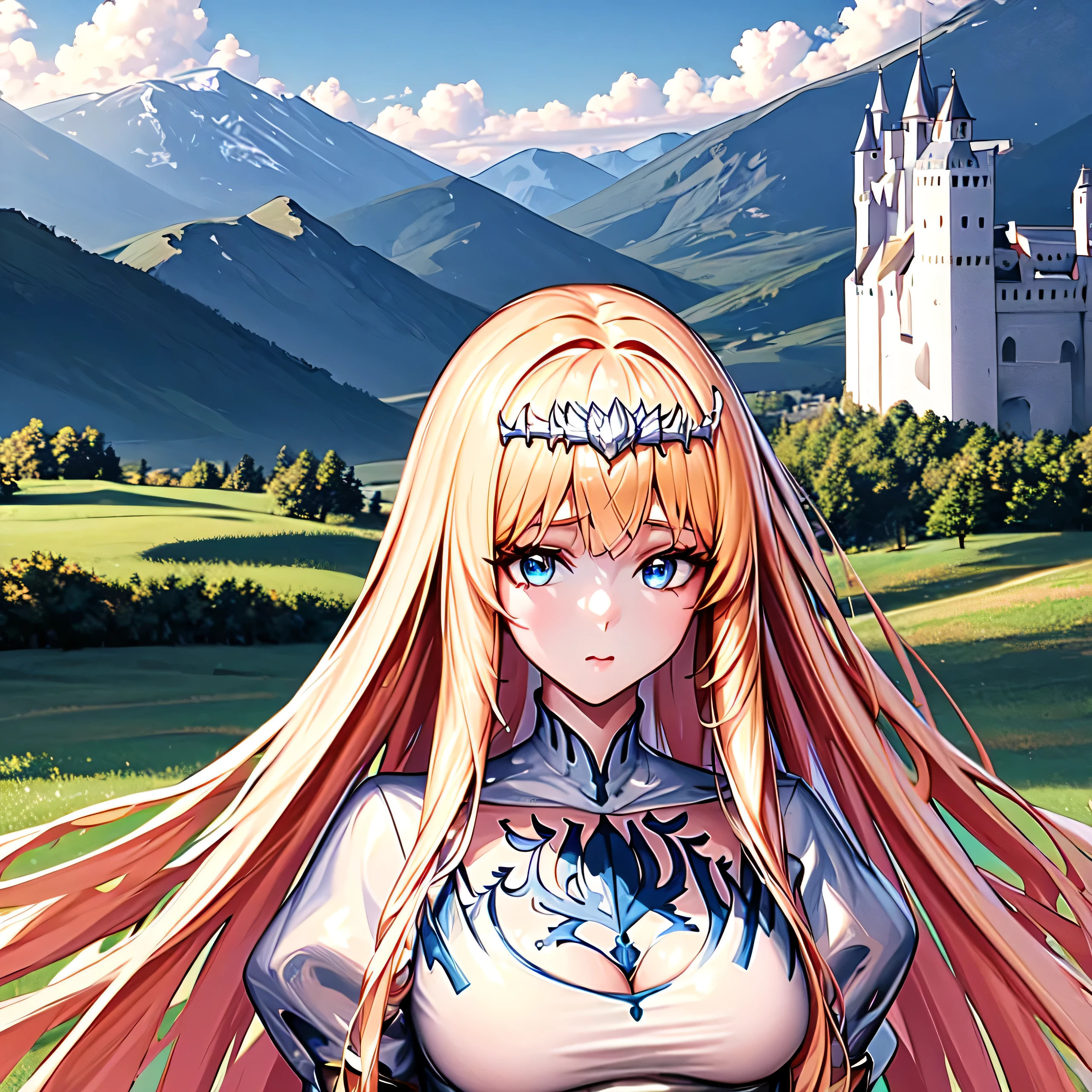 masterpiece, best quality, high quality, high res, outdoors, day, upper body, looking at the viewer, solo, focused, BREAK,
1girl, calca, blonde hair, medium chest, extremely long hair, very long hair, extra long hair, white tiara, white dress, blue eyes, castle background, beautiful scenery