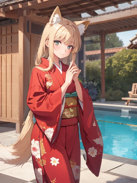 masterpiece, highest quality, Very detailed, 16k, Ultra-high resolution, Cowboy Shot, One ****************, Detailed face, Perfect Fingers, Fox Ears, tail, Golden Eyes, Blonde, Long Hair, Red kimono, Japanese garden, Pool, lotus, gravel, Walking