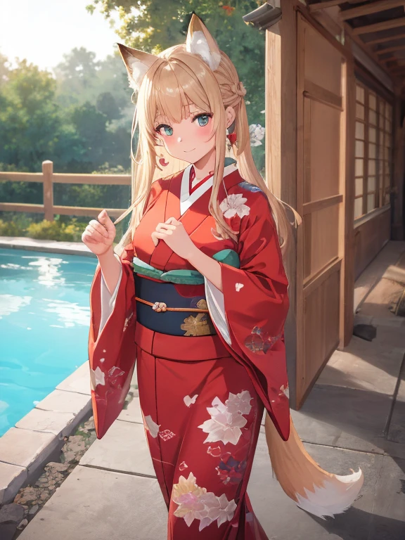 masterpiece, highest quality, Very detailed, 16k, Ultra-high resolution, Cowboy Shot, One -yeld gi Detailed face, Perfect Fingers, Fox Ears, tail, Golden Eyes, Blonde, Long Hair, Red kimono, Japanese garden, Pool, lotus, gravel, Walking