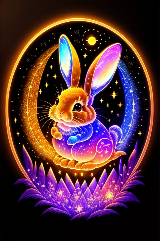 Colorful rabbit drawing running in the night sky isolated on black background、Magnificent、Stunning rendering、in shining connections、Kinuko Y.Inspired by craftsmanship、Magic Elements、this is amazing、Beautiful feces、Multicasting Colorful Spells、Bright flash、flash