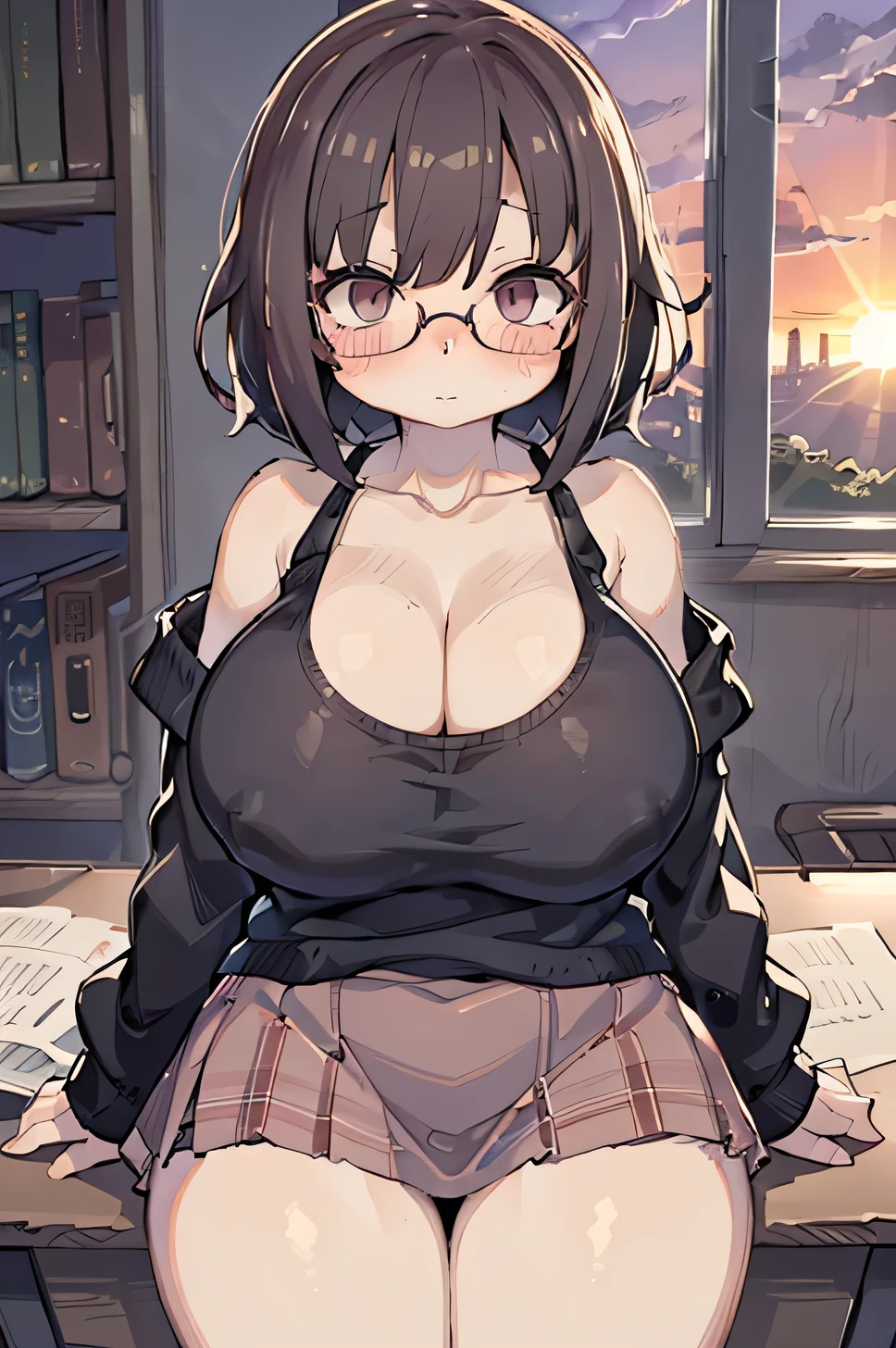 cowboy shot, very cute girl, student, bob cuts, (Glasses, shy, blush stickers), Tank tops, plaid skirte, (thin thighs), (huge breasts), View from front, Sitting in the library, Sunset, perfect lighting, (masterpiece), (Best Quality), (ultra-detailliert)