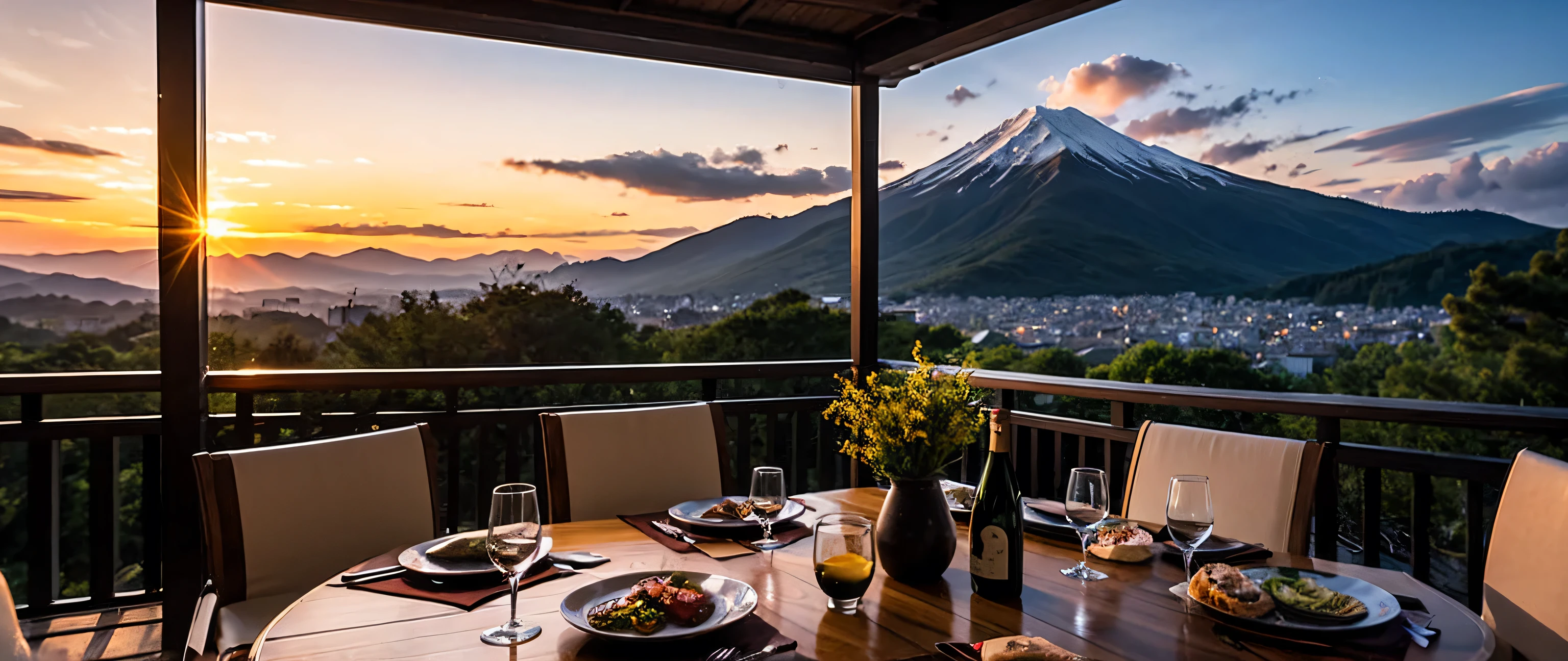 hair, Hmm.., highest quality, masterpiece: 1.2), (Realistic, photoRealistic: 1.37), Spectacular view of the sunset shairy and clouds、Amazing mountain views、Japanese sahaire、Sahaire Glass、Japanese food、Kappo cuisine、Luxury、dinner、Hot Springs Inn、table、Champagne、sparhairling wine、White wine, slim, wine glass, Very beautiful night view、
