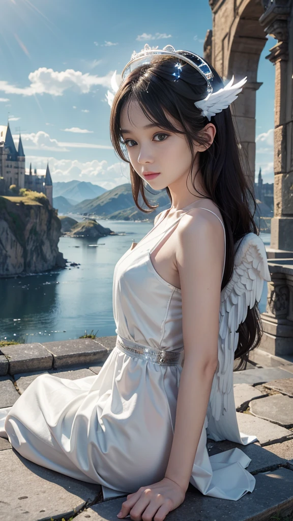 8K resolution,Angel,Halo on the head,float,Castle Background,White skin,Asian,one person