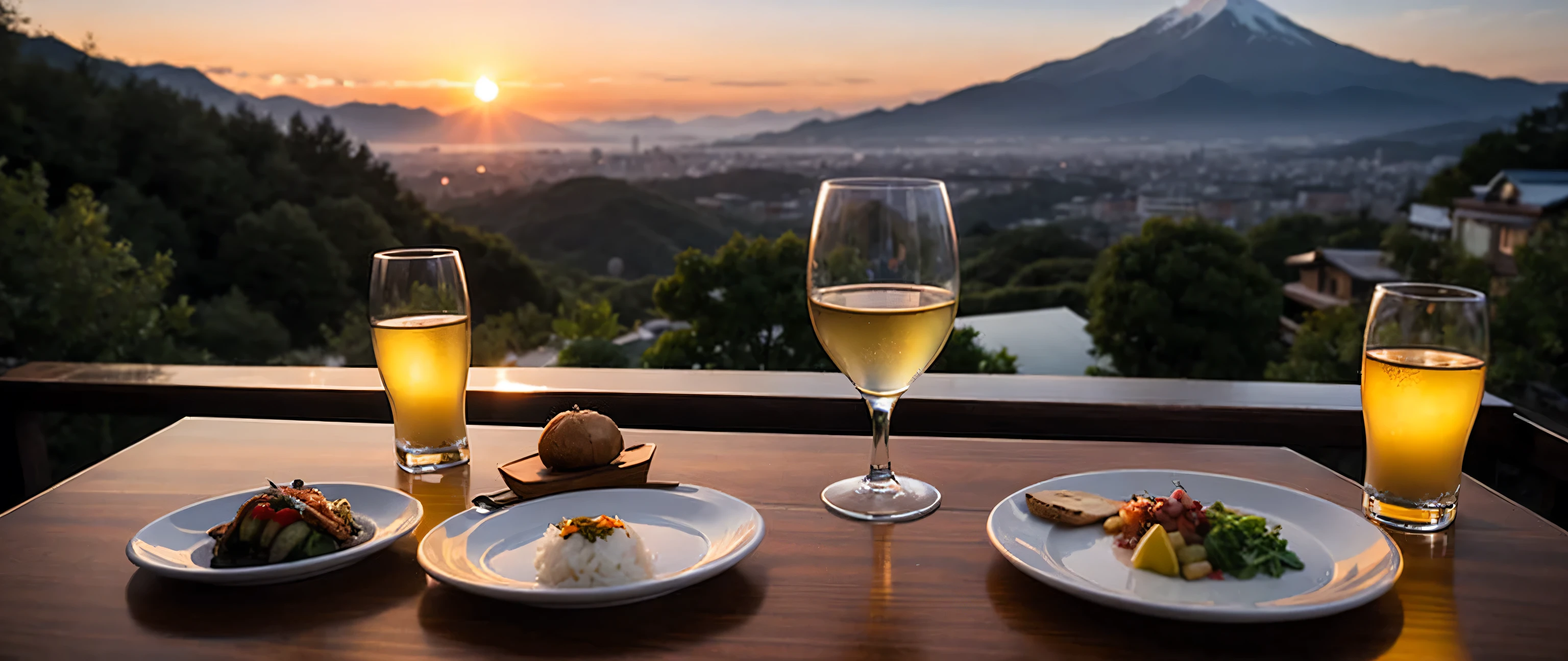 hair, Hmm.., highest quality, masterpiece: 1.2), (Realistic, photoRealistic: 1.37), Spectacular view of the sunset shairy and clouds、Amazing mountain views、Japanese sahaire、Sahaire Glass、Japanese food、Kappo cuisine、Luxury、dinner、Hot Springs Inn、table、Champagne、sparhairling wine、White wine, slim, wine glass, Very beautiful night view、