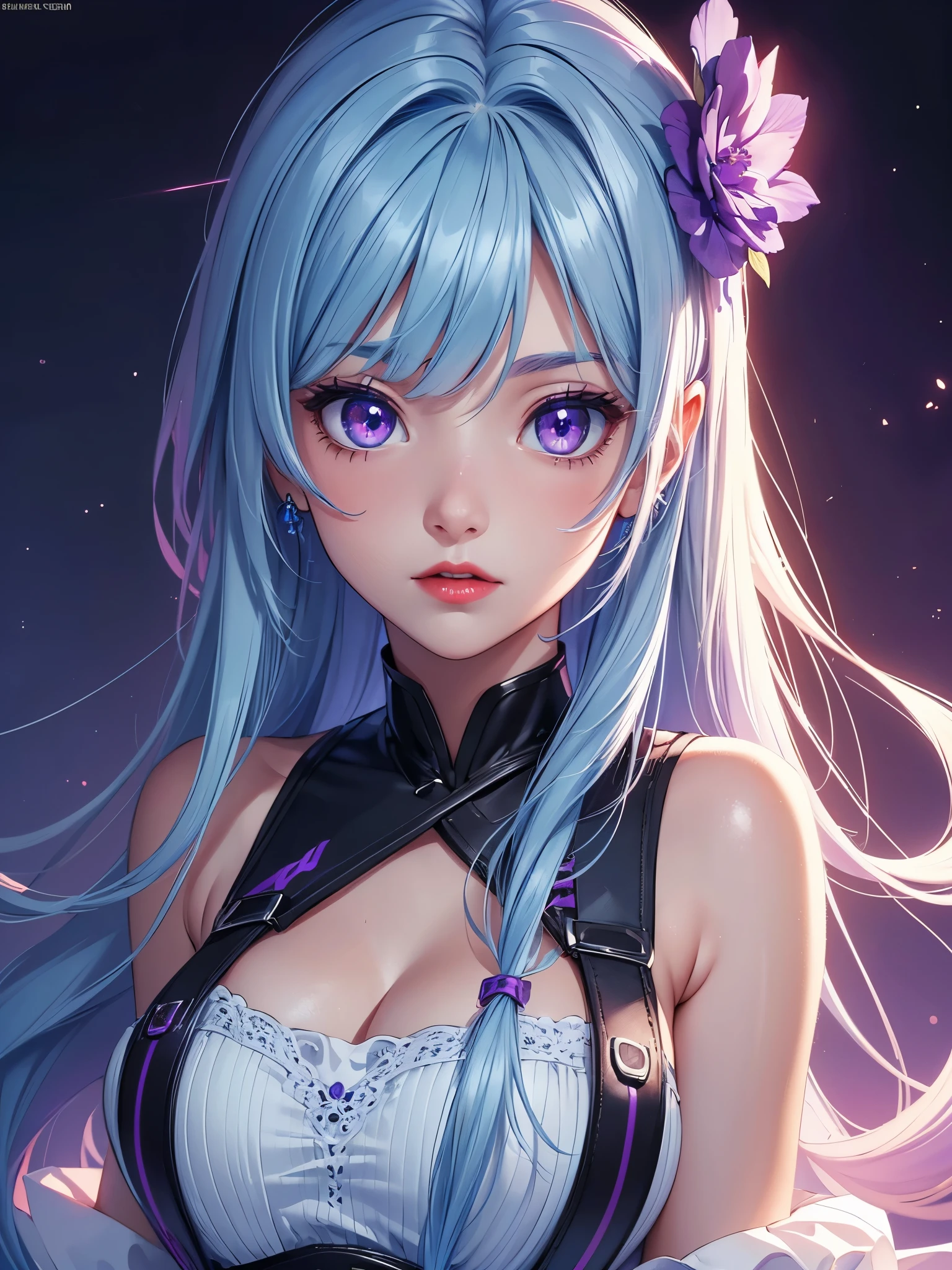 (Best quality at best,8K,A high resolution,tmasterpiece:1.2),Digital artwork, one girl，detailed face，detailed eyes，light blue hair，long straight hair，glowing purple  eyes，red lip，Suspenders