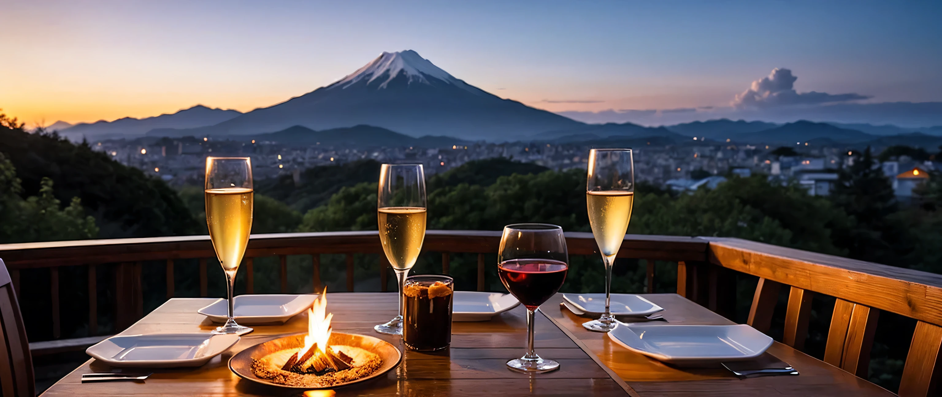 hair, Hmm.., highest quality, masterpiece: 1.2), (Realistic, photoRealistic: 1.37), Spectacular view of the sunset shairy and clouds、Amazing mountain views、Japanese sahaire、Sahaire Glass、Japanese food、Kappo cuisine、Luxury、dinner、Hot Springs Inn、table、Champagne、sparhairling wine、White wine, slim, wine glass, Very beautiful night view、