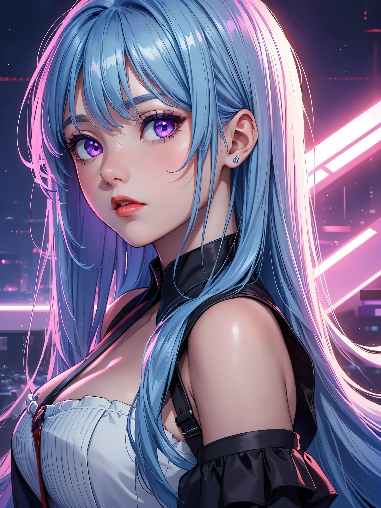 (Best quality at best,8K,A high resolution,tmasterpiece:1.2),Digital artwork, one girl，detailed face，detailed eyes，light blue hair，long straight hair，glowing purple  eyes，red lip，Suspenders