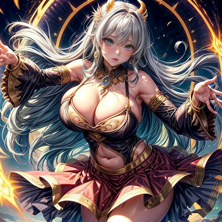 In the sky、Demon of Justice、Gray Hair、Belly Dance Cosplay、Camel Toe、Giant tit、Nipple Puffs、Cleavage、Plump、Super big breasts、Super big butt、Earrings、Earrings、necklace、Thick lips、Heterochromia、Bracelet、Caster wheel、first round、Hair Charm、Lip gloss、(Frilled Skirt、Pareo、Angel Halo、See-through)、magic circle、Dance Void Technique、aura、The wind is blowing