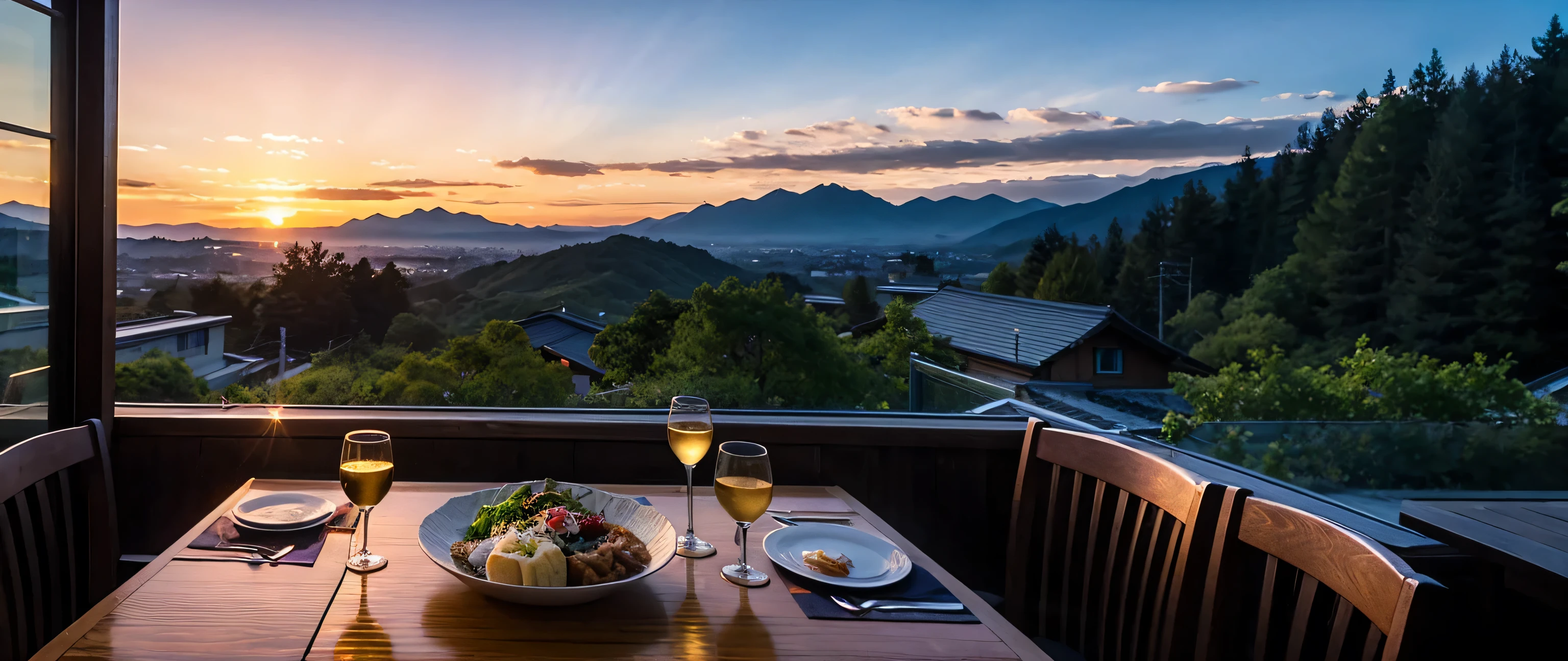 hair, Hmm.., highest quality, masterpiece: 1.2), (Realistic, photoRealistic: 1.37), Spectacular view of the sunset shairy and clouds、Amazing mountain views、Japanese sahaire、Sahaire Glass、Japanese food、Kappo cuisine、Luxury、dinner、Hot Springs Inn、table、Champagne、sparhairling wine、White wine, slim, wine glass, Very beautiful night view、