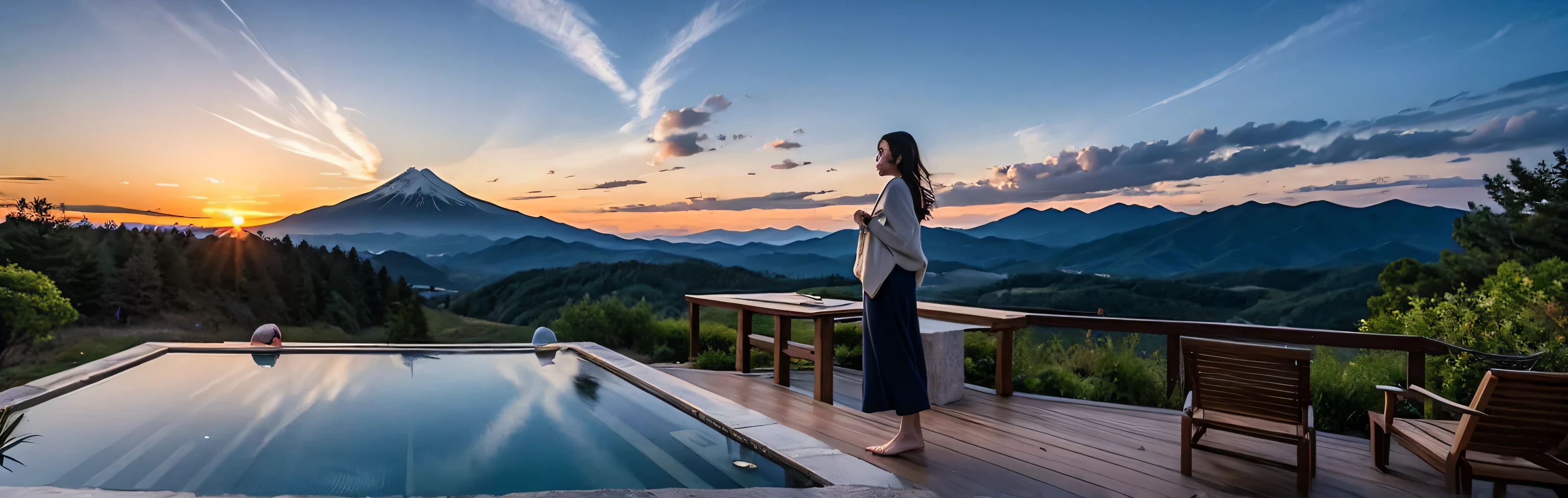 hair, Hmm.., highest quality, masterpiece: 1.2), (Realistic, photoRealistic: 1.37), Spectacular view of the sunset shairy and clouds、Amazing mountain views、Japanese sahaire、Sahaire Glass、Japanese food、Kappo cuisine、Luxury、dinner、Hot Springs Inn、table、Champagne、sparhairling wine、White wine, slim, wine glass, Very beautiful night view、
