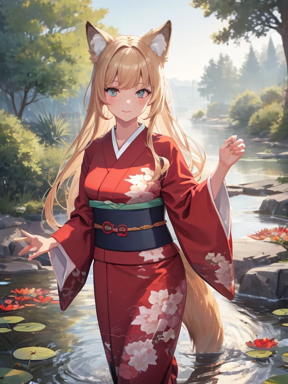 masterpiece, highest quality, Very detailed, 16k, Ultra-high resolution, Cowboy Shot, One 14-year-old girl, Detailed face, Perfect Fingers, Fox Ears, tail, Golden Eyes, Blonde, Long Hair, Red kimono, Japanese garden, round pond, Lotus floating in the pond, Walking along the gravel road