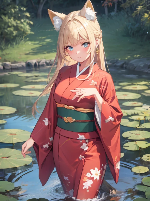 masterpiece, highest quality, Very detailed, 16k, Ultra-high resolution, Cowboy Shot, One ****************, Detailed face, Perfect Fingers, Fox Ears, tail, Golden Eyes, Blonde, Long Hair, Red kimono, Japanese garden, round pond, Lotus floating in the pond, Walking along the gravel road