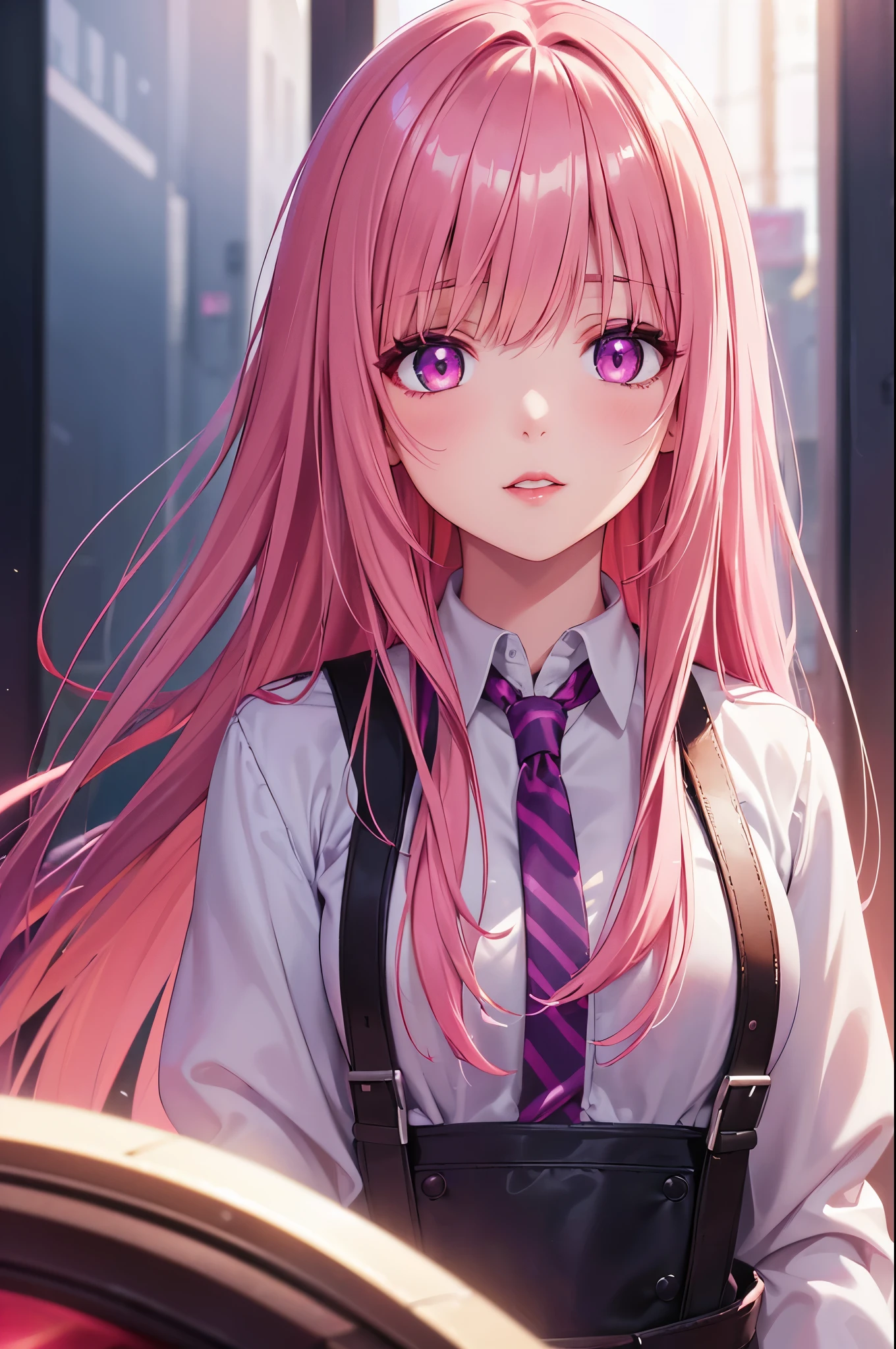 (Best quality at best,8K,A high resolution,tmasterpiece:1.2),Digital artwork, one girl，detailed face，detailed eyes，pink hair，long straight hair，glowing purple eyes，red lip，Suspenders