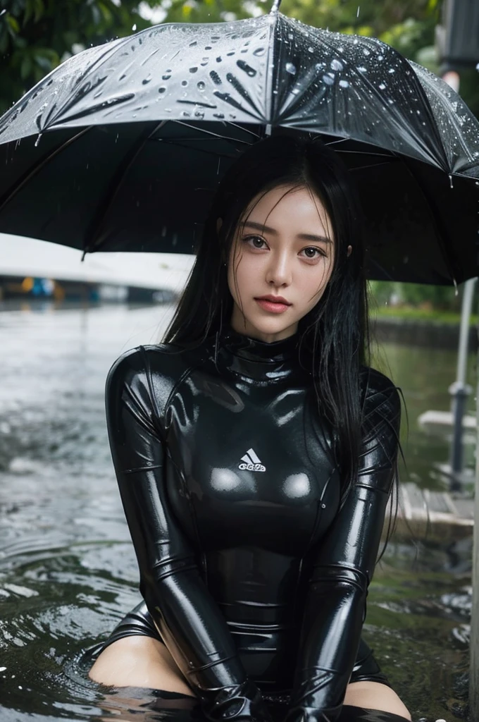 arafed woman in a wet suit sitting in the rain, dripping wet, wet from rain, rainy wet, shiny wet skin!!, wet look, physical ) wet, Covered with water droplets, soak, wet body, rain!!!!, wet swimsuit, raining, very wet, wet hair, wet shiny skin, raining!!, wash off in the rain, raining!!!