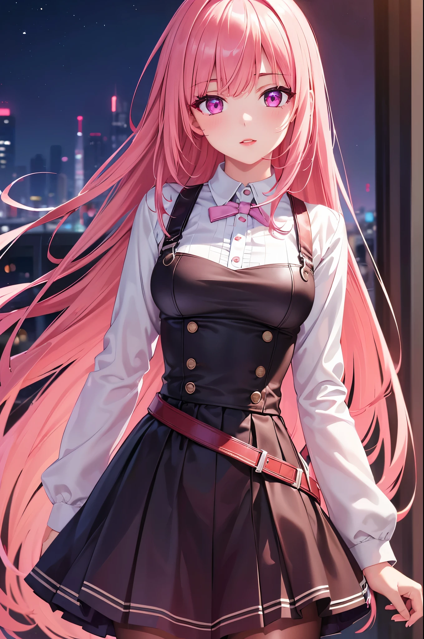 (Best quality at best,8K,A high resolution,tmasterpiece:1.2),Digital artwork, one girl，detailed face，detailed eyes，pink hair，long straight hair，glowing purple eyes，red lip，Suspenders