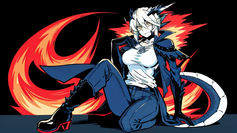 8k resolution, alta calidad, high resolution, mejor calidad, better resolution, absurd resolution, trazado de rayos, alto detallado, Obra maestra, Cabello blanco hasta los hombros, femenino,orejas de lobo blanco, Adolescente, cuerpo delgado, white scale dragon tail,botas de combate negras,pantalones de camuflaje oscuro, camiseta negra, chaqueta blanca, Medium Size Chest, ojos azules detallados, Hermoso rostro,solo femenino,