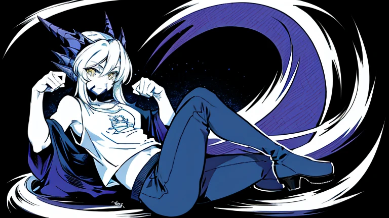 8k resolution, alta calidad, high resolution, mejor calidad, better resolution, absurd resolution, trazado de rayos, alto detallado, Obra maestra, Cabello blanco hasta los hombros, femenino,orejas de lobo blanco, Adolescente, cuerpo delgado, white scale dragon tail,botas de combate negras,pantalones de camuflaje oscuro, camiseta negra, chaqueta blanca, Medium Size Chest, ojos azules detallados, Hermoso rostro,solo femenino,
