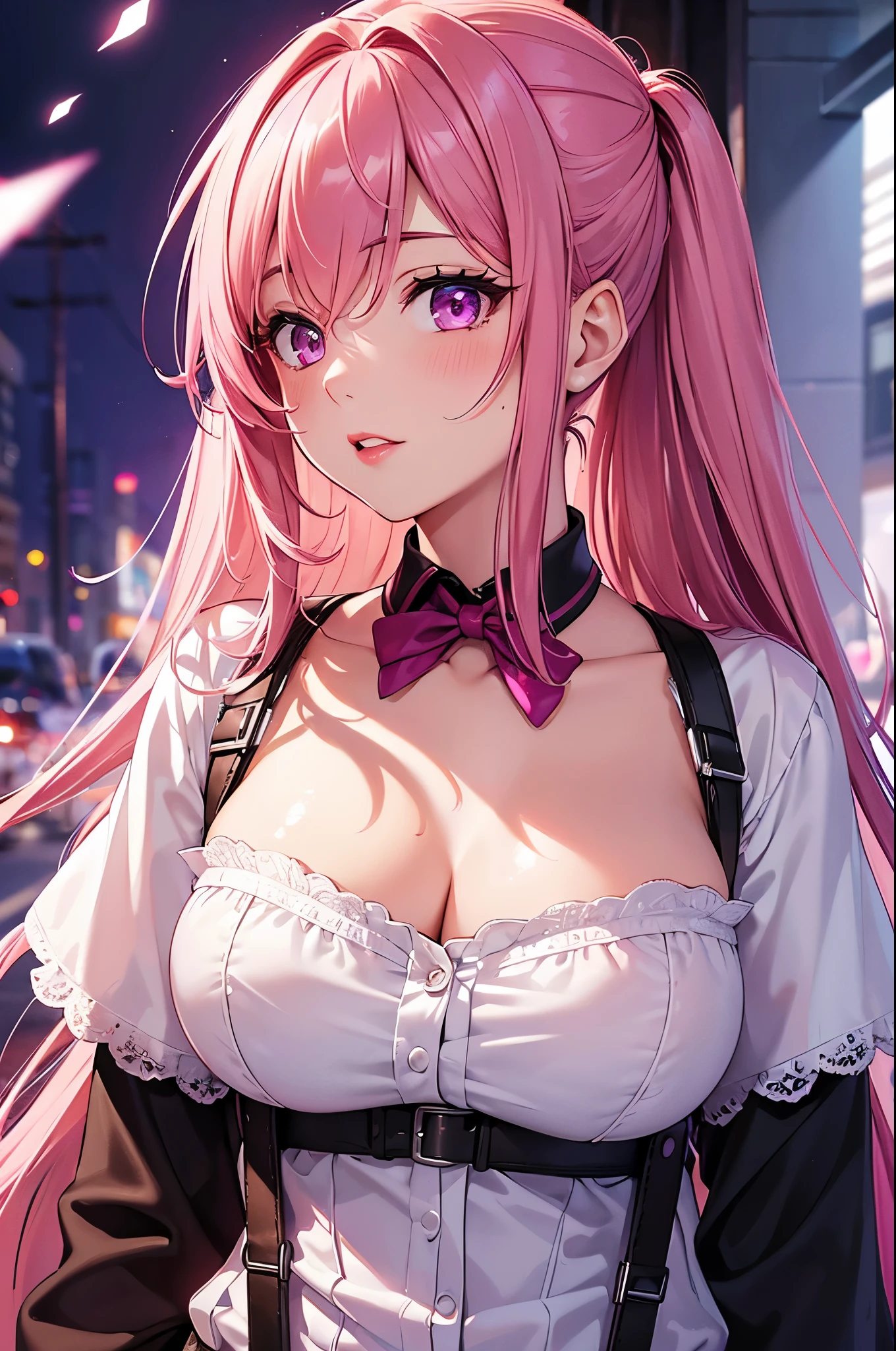 (Best quality at best,8K,A high resolution,tmasterpiece:1.2),Digital artwork, one girl，detailed face，detailed eyes，pink hair，long straight hair，glowing purple eyes，red lip，Suspenders