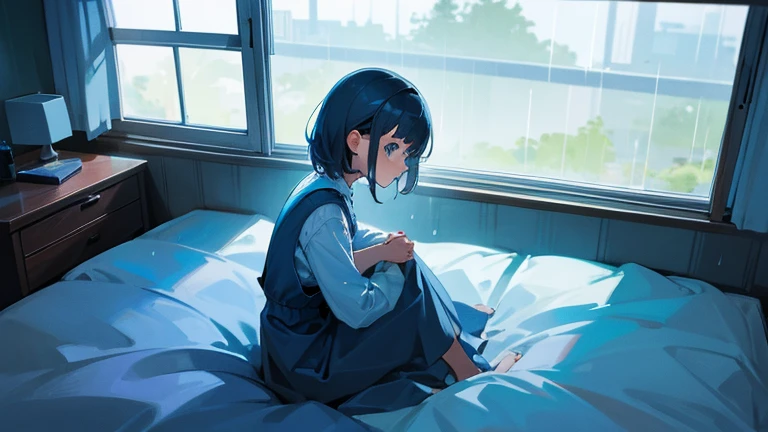 A girl sitting alone on her bed. Through the window, the weather is rainy. The overall color is blue.