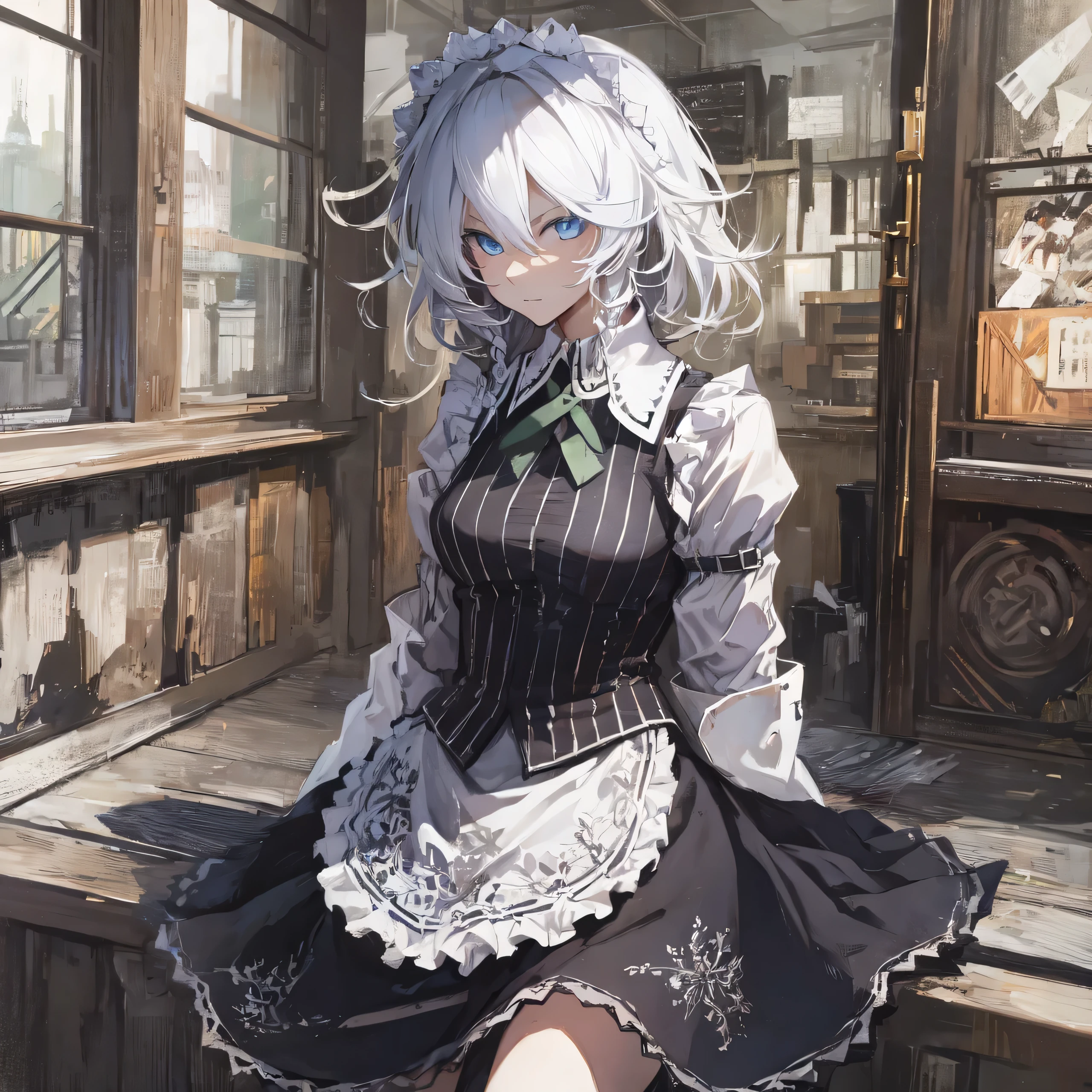 masterpiece, best quality,  1girl, solo, sakuya izayoi, silver hair, maid dress, white apron, very short skirt, sexy pose,, sleeveless outfit, detailed face, detailed eyes, fresh blue eyes, big green ribbons, blue outfit, small-to-medium breasts, white hair, bowtie girl, white maid headband