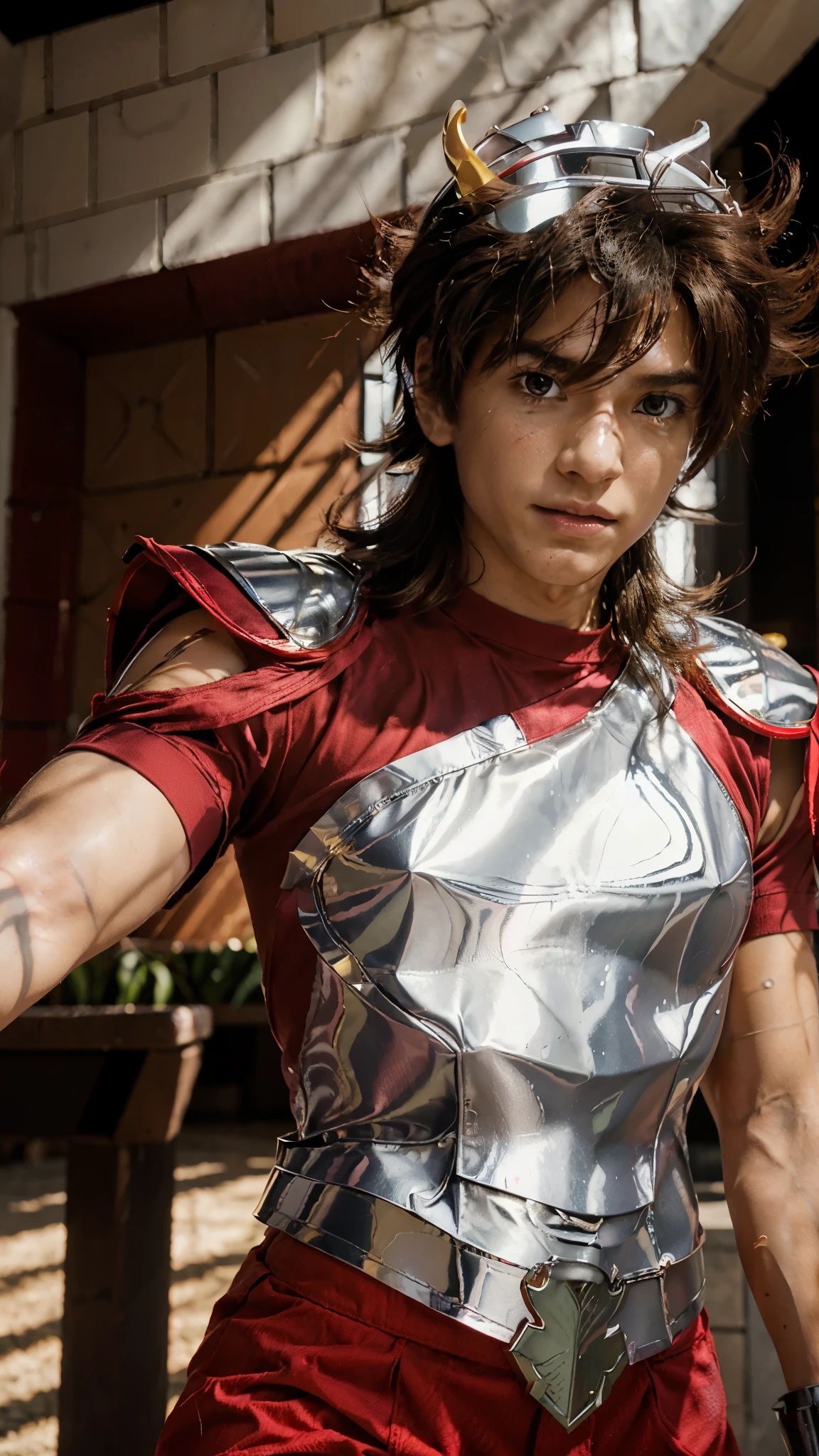 FULL BODY,((1 boy)),Pegasus Seiya,(MASTERPIECE:1.2),(REALISTIC:1.4),solo, (detail skin:1.2),
realistic skin texture,best lighting,
(Pegasus Seiya wearing a red short sleeve shirt,wearing a helmet,wearing red pants,wearing silver armor),
sanctuary of santa rosalia background:0.5
