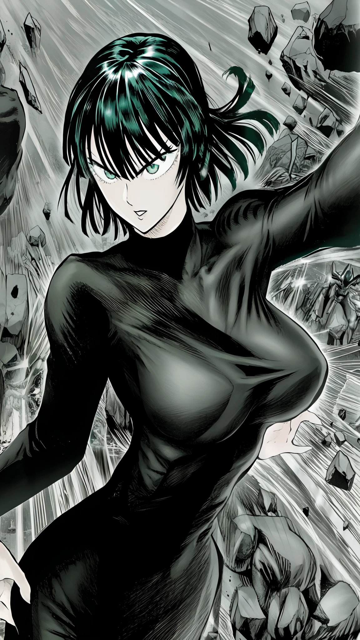 Fubuki one punch man, standing on road , manga art style, super tight fitting black shinny dress, dynamic pose, dark green short hair, green eyes, yusuke murata art style, big breast,