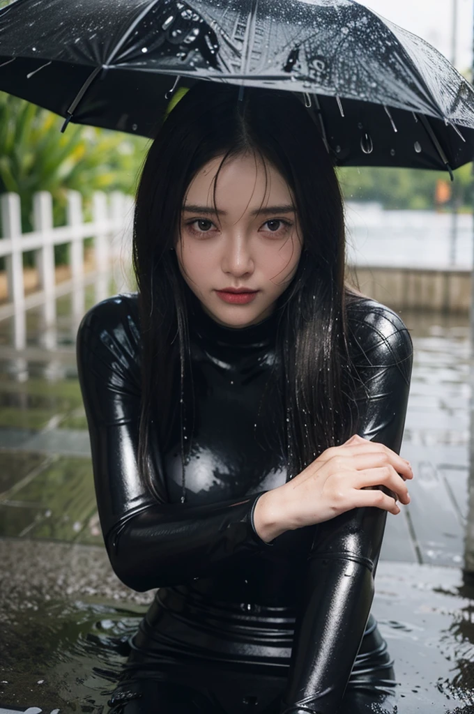 arafed woman in a wet suit sitting in the rain, dripping wet, wet from rain, rainy wet, shiny wet skin!!, wet look, physical ) wet, Covered with water droplets, soak, wet body, rain!!!!, wet swimsuit, raining, very wet, wet hair, wet shiny skin, raining!!, wash off in the rain, raining!!!