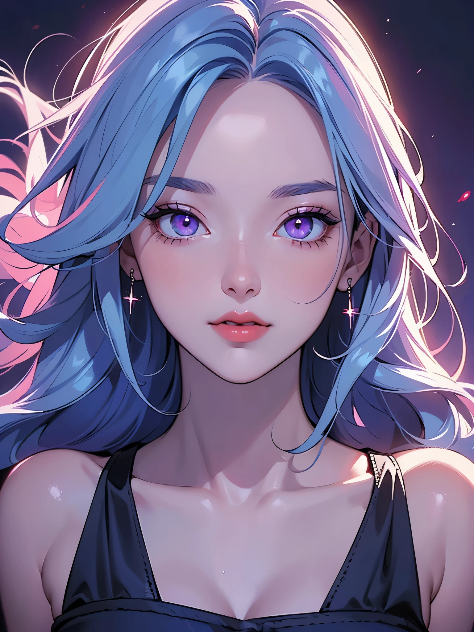 (Best quality at best,8K,A high resolution,tmasterpiece:1.2),Digital artwork, one girl，detailed face，detailed eyes，light blue hair，long straight hair，glowing purple  eyes，red lip，Suspenders