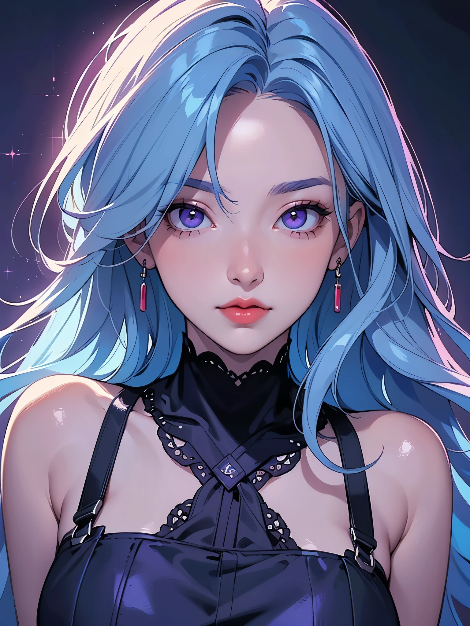 (Best quality at best,8K,A high resolution,tmasterpiece:1.2),Digital artwork, one girl，detailed face，detailed eyes，light blue hair，long straight hair，glowing purple  eyes，red lip，Suspenders