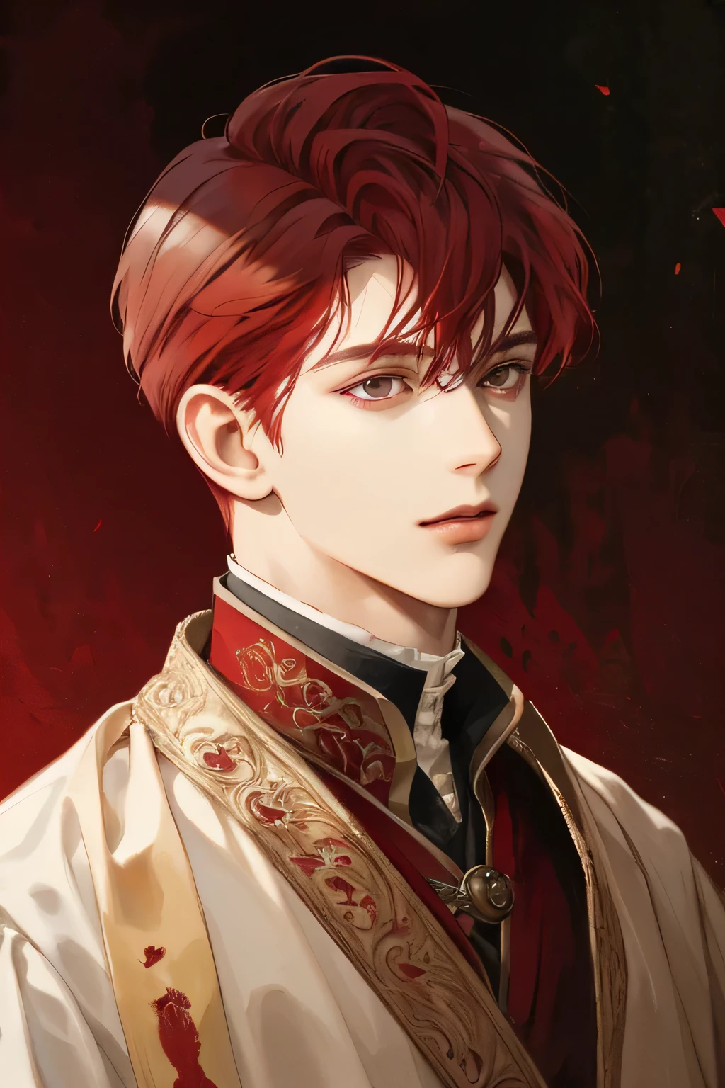 (Best quality),adult,1 man, male, mature, very tall, elegant, (((very short red maroon hair))), black eyes, perfect eyes, red maroon hair, medieval fantasy style,  richly textured background, soft lighting, portrait style, painting style, deep colors, half body perfect 