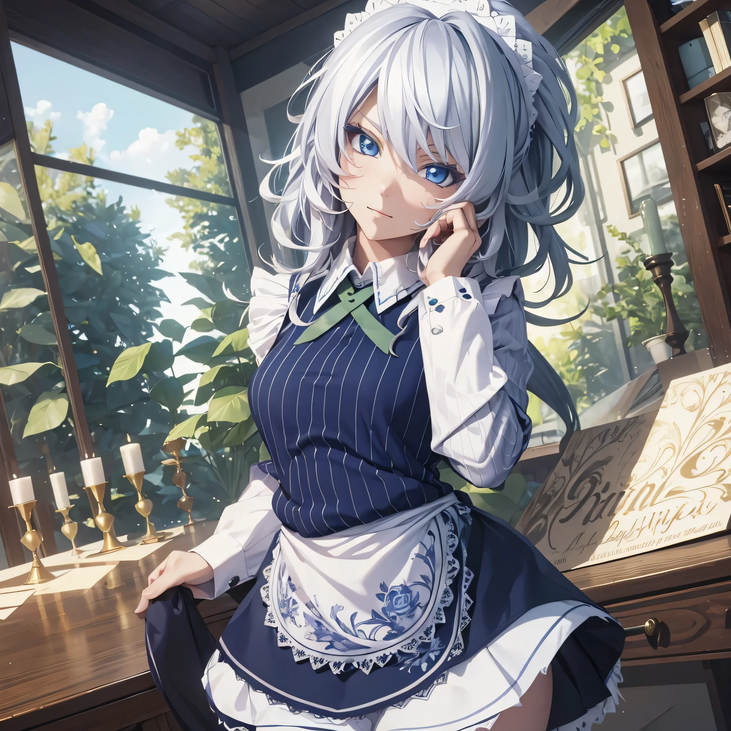 best quality,masterpiece,Ultimate resolution, downy,Extremely colorful, Colorful,,closeup of face, 1girl, solo, sakuya izayoi, silver hair, maid dress, white apron, very short skirt, sexy pose,, sleeveless outfit, detailed face, detailed eyes, fresh blue eyes, big green ribbons, blue outfit, small-to-medium breasts, white hair, bowtie girl, white maid headband