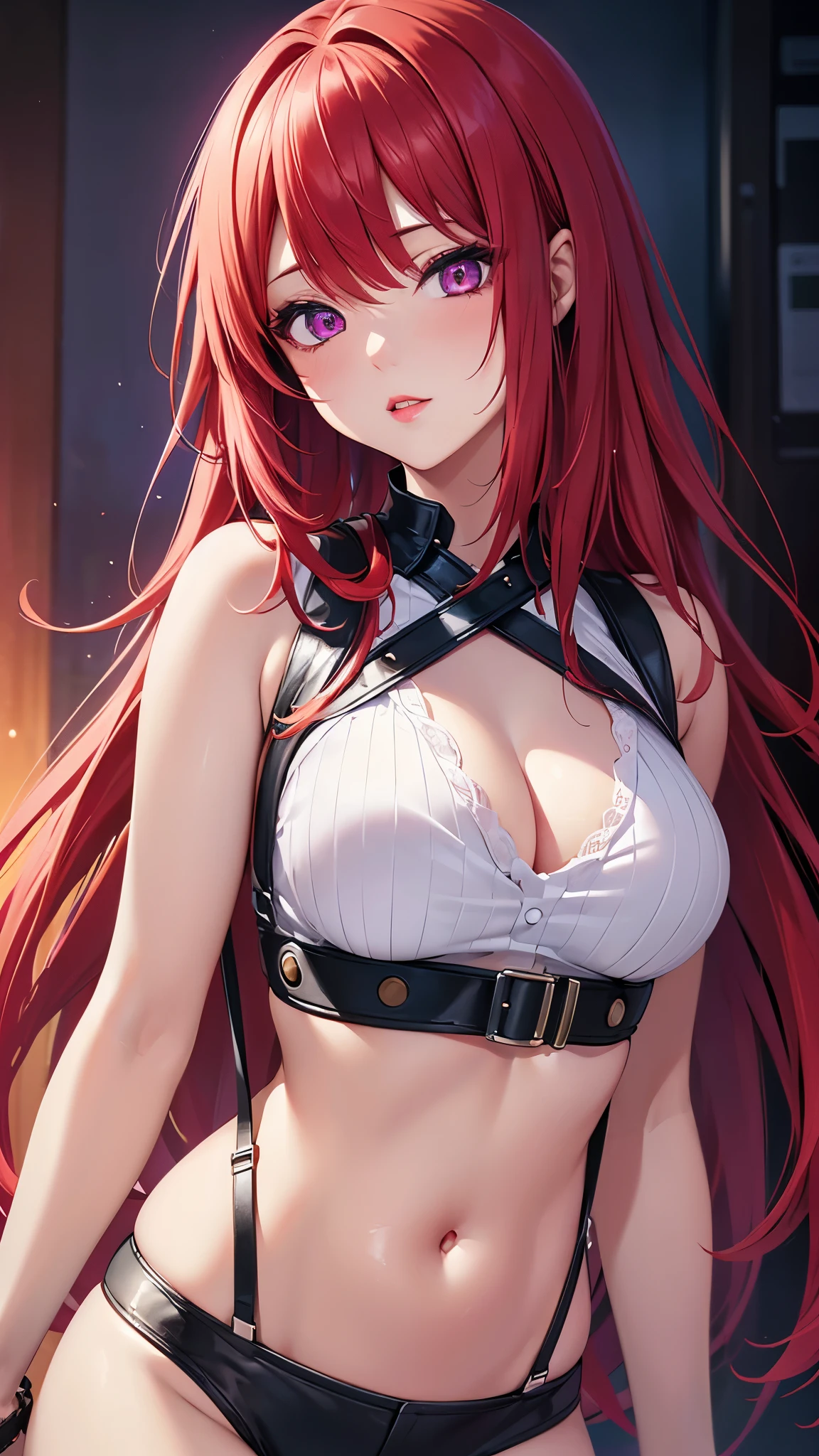 (Best quality at best,8K,A high resolution,tmasterpiece:1.2),Digital artwork, one girl，detailed face，detailed eyes，red hair，long straight hair，glowing purple  eyes，red lip，Suspenders