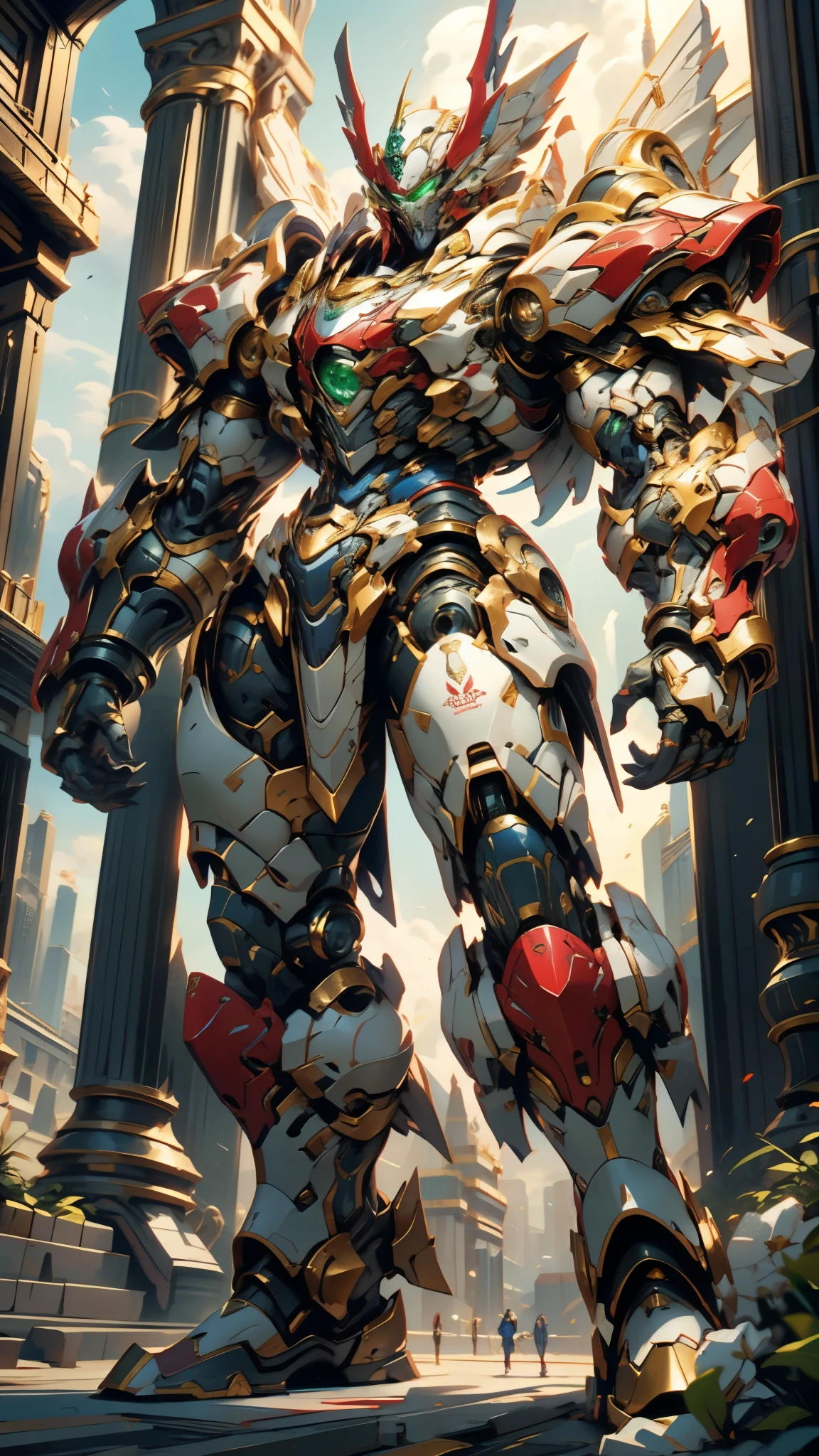 A man wearing a full-face helmet, a fantasy-style biotech armored combat suit, green eyes, (a composite layered chest armor), fully enclosed shoulder guards, matching arm and leg guards, the belt is adorned with Falcon Wing, (the color scheme is primarily white with red and blue accents), the design balances heavy with agility, a high-tech bio-mecha armor, (Armor Concept Inspired by Falcon, stand on the top of a skyscraper in a futuristic sci-fi city), this character embodies a finely crafted fantasy-surreal style armored hero in anime style, exquisite and mature manga art style, (element, plasma, energy, the armor glows), ((male:1.5)), metallic, real texture material, dramatic, high definition, best quality, highres, ultra-detailed, ultra-fine painting, extremely delicate, professional, perfect body proportions, golden ratio, anatomically correct, symmetrical face, extremely detailed eyes and face, high quality eyes, creativity, RAW photo, UHD, 32k, Natural light, cinematic lighting, masterpiece-anatomy-perfect, masterpiece:1.5