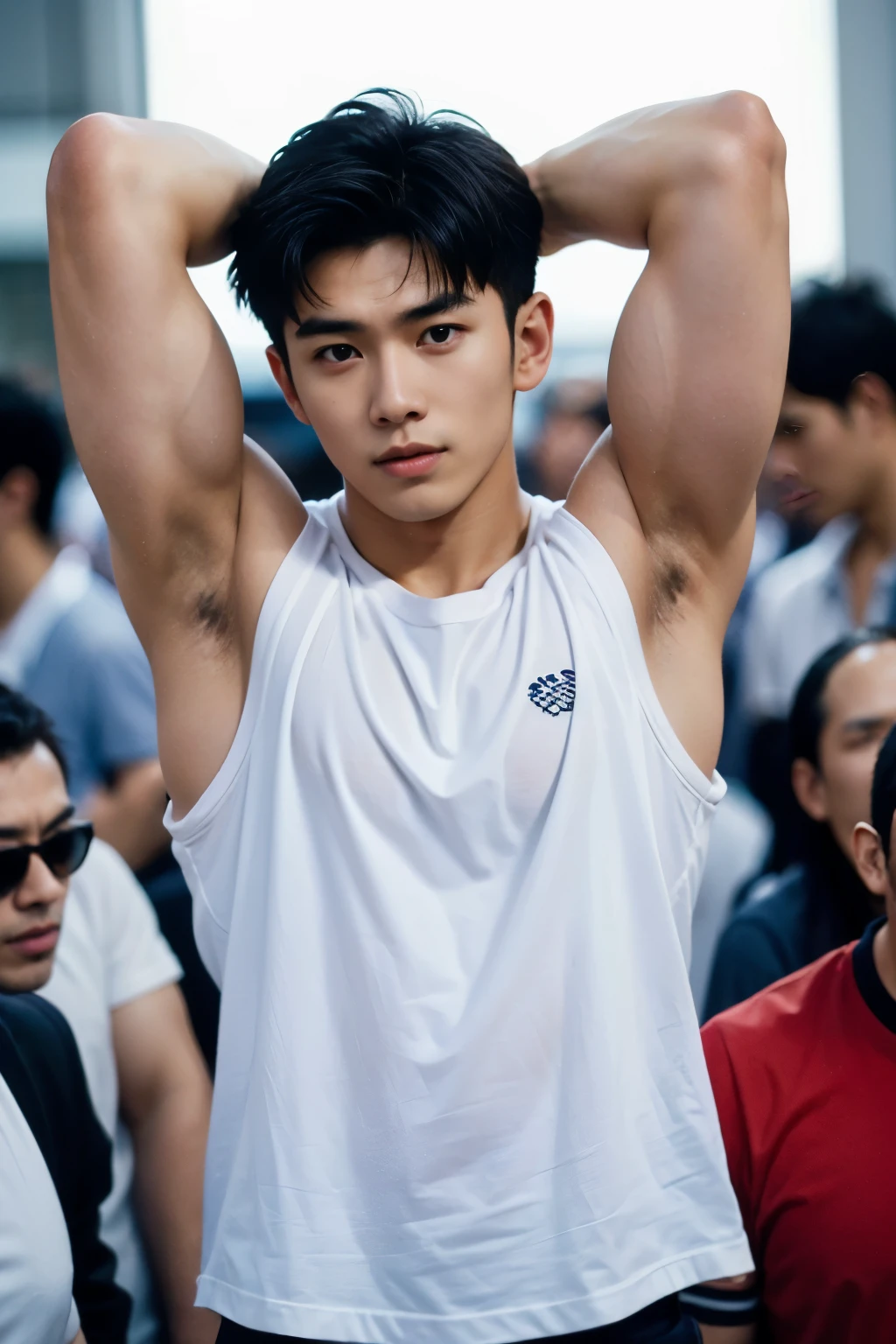 shirt, arms above head, focus on armpits, man, beautiful muscles, Asian men, polo, crowded