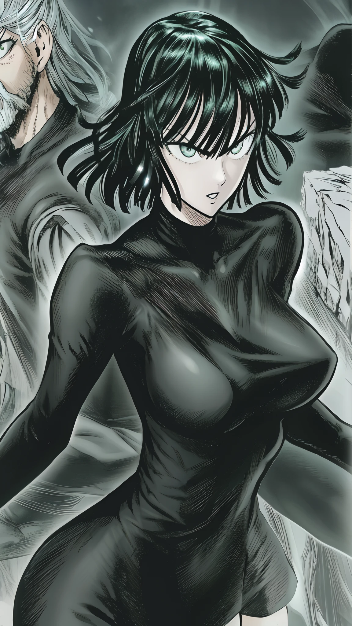 Fubuki one punch man, standing on road , manga art style, super tight fitting black shinny dress, dynamic pose, dark green short hair, green eyes, yusuke murata art style, big ,