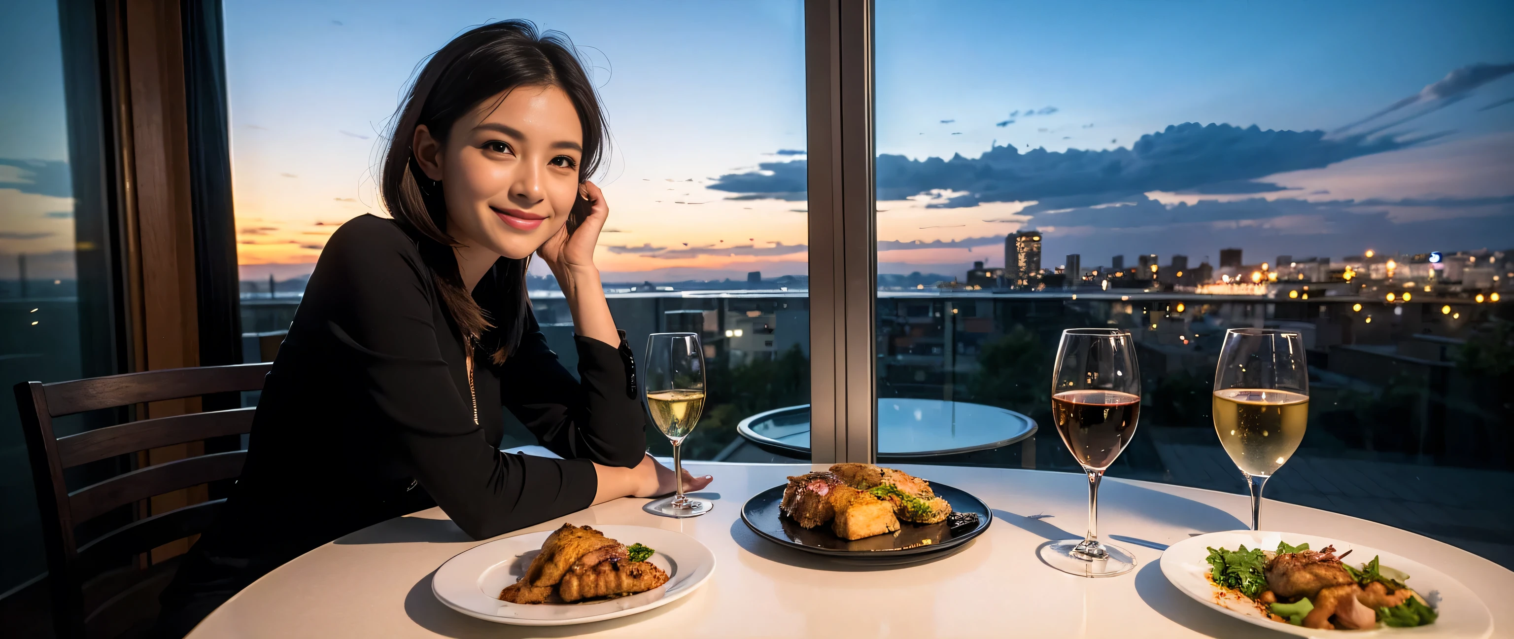 ((highest quality、8k、masterpiece:1.3))、Two beautiful women、Slim body、((Bob Hale、Straight hair:1.2))、(to be born, highest quality, masterpiece:1.5), (Realistic, Intricate details:1.2), Ultra-high resolution, Wine glass on the table、Facial lighting、Amazing view of the sunset sky and clouds、Amazing mountain views、A bright smile、A lovely woman with a smile、Bright image、The beauty of wine, Beautiful Face, blue eyes, The light shines on your face, Blushing, short hair,Bright Face、 (33 years old), Age 35, Lady、red wine 、Appetizers、Italian food、Wine bottle、Champagne、sparkling wine、Two beauties、Brown Hair、Shortcuts、Long sleeve shirt、dress、Pretty Woman 1, (Slim face), (The body is slim), (Brown Hair), (Shortcuts), cheeks turn a little red,Attractive beauty、, Out of the window, A beautiful and detailed night view unfolds.........., restaurant, In a prominent place (From the waist up) Nova Frog Style, actress, model, Upper Body, White wine, slim, wine glass, A wine glass placed in the middle, smile, (smile: 1.15), Beautiful fine grain, Depth f/2,saturation, High Contrast, Strong light and shadow,Moist Body:1.5、3D texture、Delicate eyes、Brown Hair、The hair is very shiny、