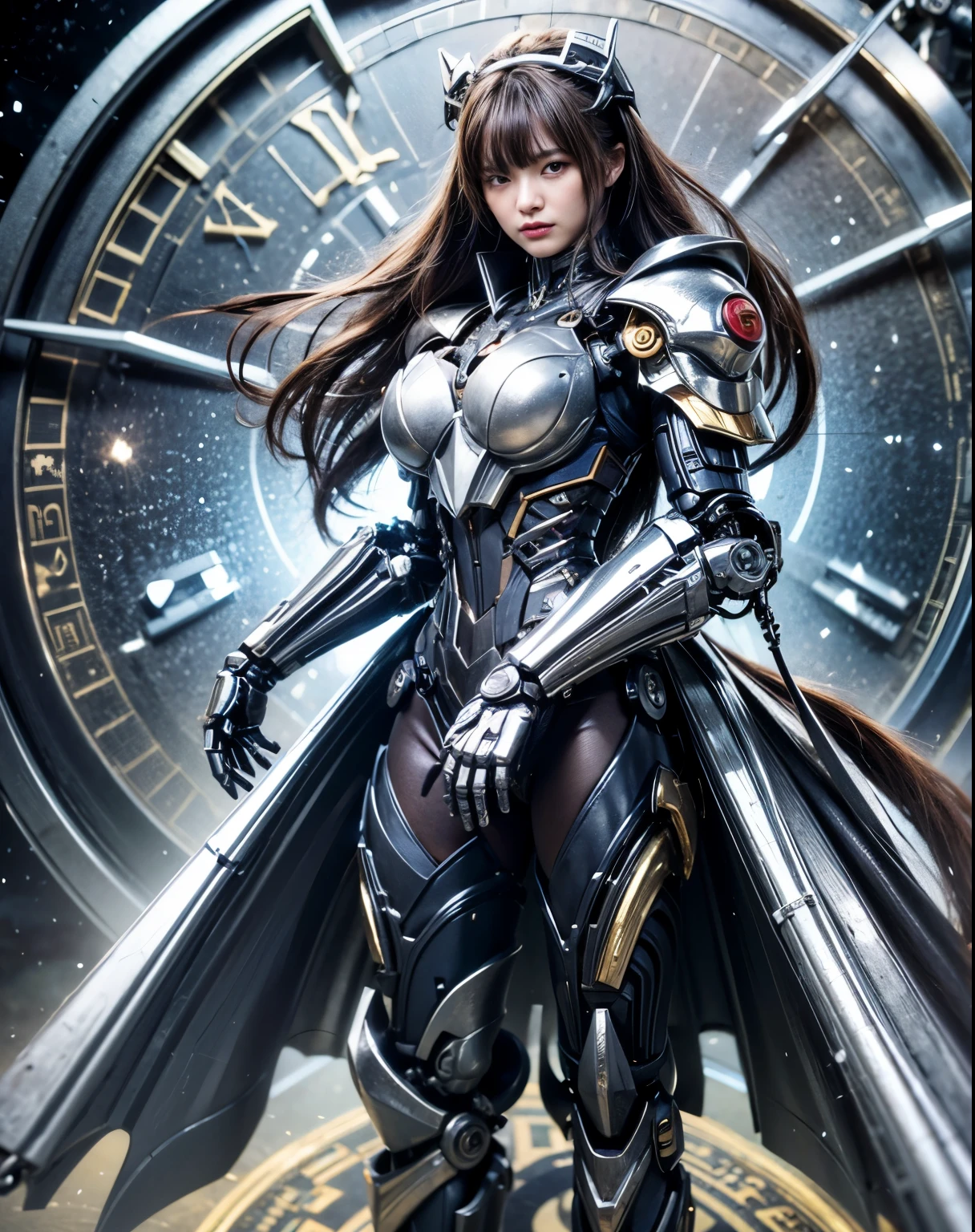 (masterpiece, best quality:1.2), (8k uhd, 16k, 32k, ultra high res), (photorealistic:1.37), (RAW photo), ultimate-realistic, ultimate-realistic details, ultimate-realistic texture, ultimate-intricate details, ultimate-realistic lighting, ultimate-realistic shadow, japanese girl, ultimate-cute face, ultimate-RAW skin, ultimate-realistic eyes, (mechanical:1.4), (armor), full body, wide shot, realistic background