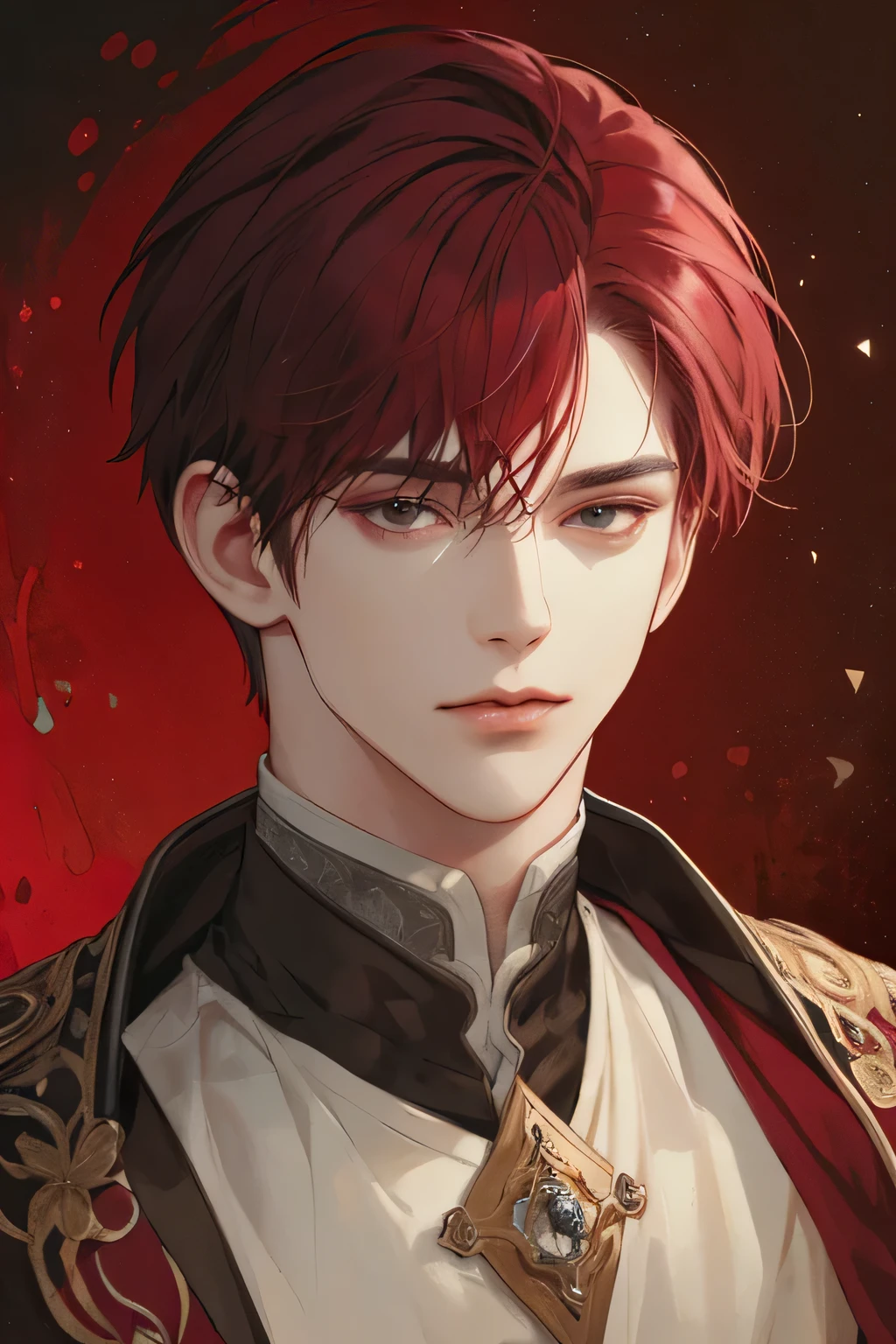 (Best quality),adult,1 man, male, mature, very tall, elegant, (((very short maroon hair))), black eyes, perfect eyes, maroon hair, medieval fantasy style, richly textured background, soft lighting, portrait style, painting style, deep colors, half body perfect, look at camera