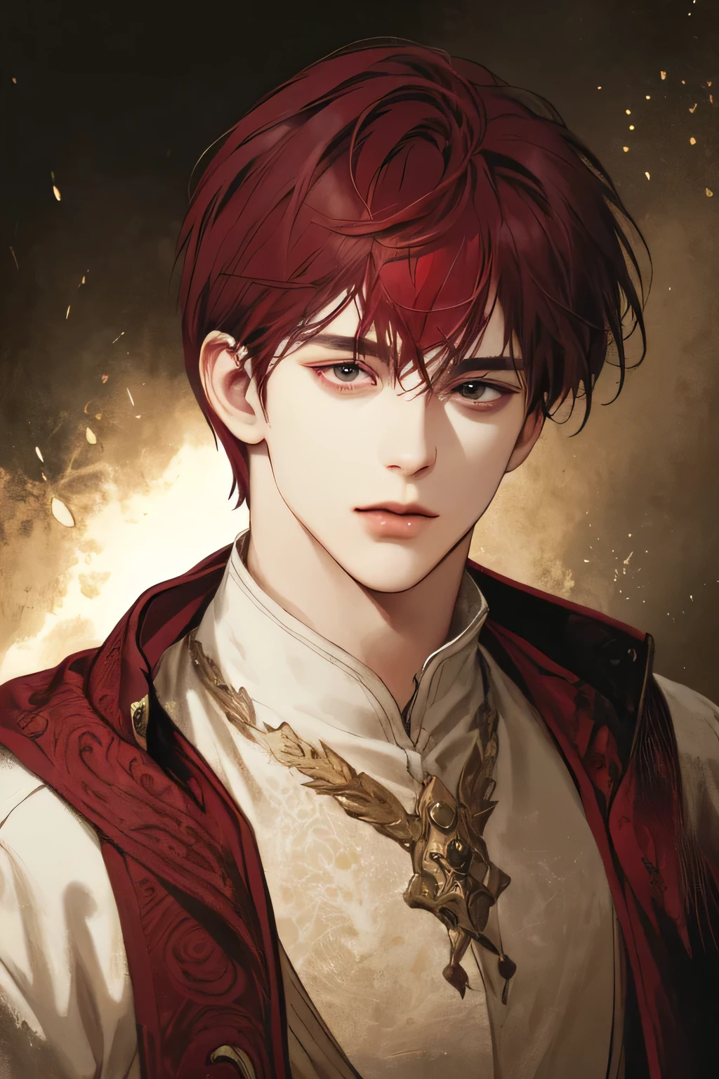 (Best quality),adult,1 man, male, mature, very tall, elegant, (((very short maroon hair))), black eyes, perfect eyes, maroon hair, medieval fantasy style, richly textured background, soft lighting, portrait style, painting style, deep colors, half body perfect, look at camera