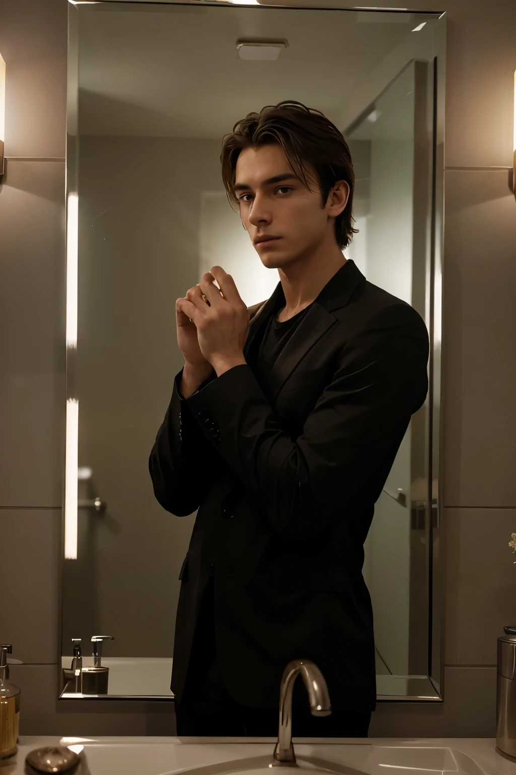 High-Definition, Cinematic Masterpiece: 1.3, Dramatic Scene: A Guy's Transformative Moment,
A young man, 25 years old, stands in a dimly lit room, his gaze fixated on his reflection in a full-length mirror. His face is meticulously adorned with bold, yet elegantly feminine makeup, a stark contrast to the shock and mortification etched on his features. His hands are raised to his cheeks, as if trying to erase the vibrant hues that have become an unexpected part of his visage.
In the slightly blurred background, a woman dressed in formal work attire and equally captivating