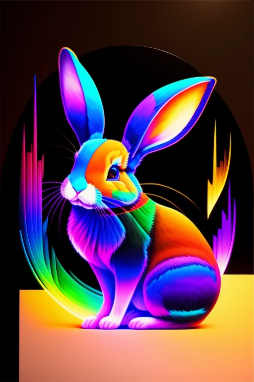 Painting of a colorful rabbit on a black background,, Stunning rendering, In radial connection, Inspired by Kinuko Y. Technology,, Magic Elements, Rabbit icon, Wow, It was beautiful, Cast colorful, multi-spells, Bright flash, glare