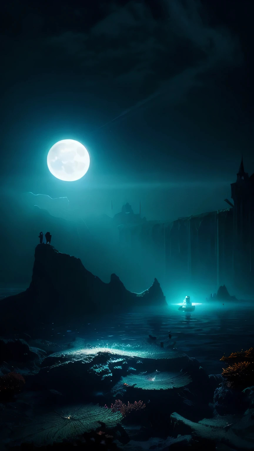 ship, high-fantasy, magical effects, hyper realistic, hyper detailed, mysterious air, ancient and abandoned, grown-over, luminescent moss, dark atmosphere, glowing lights spread evenly, very aesthetic, beautiful underwater scenery in the background,full moon
