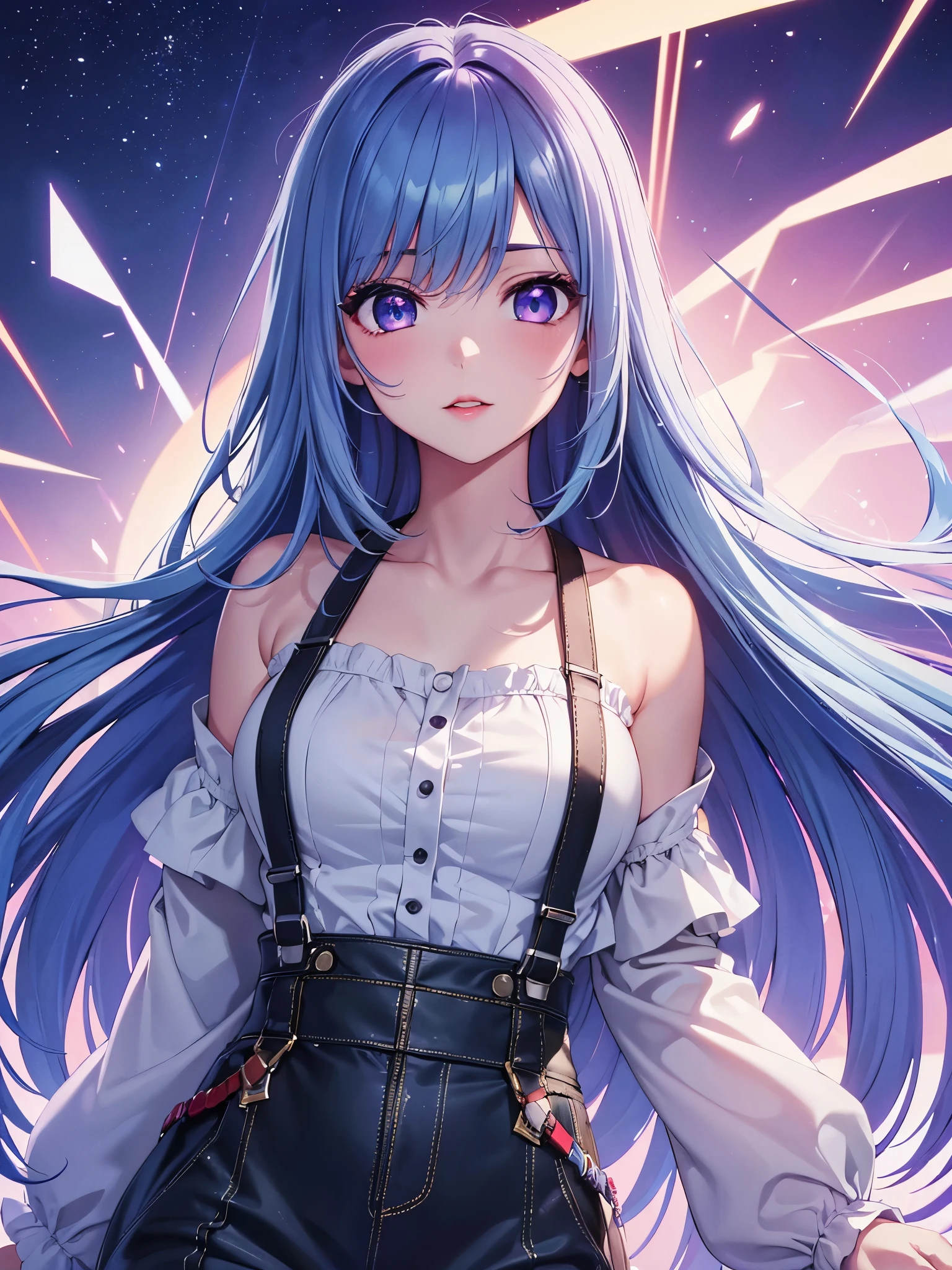 (Best quality at best,8K,A high resolution,tmasterpiece:1.2),Digital artwork, one girl，detailed face，detailed eyes，light blue hair，long straight hair，glowing purple  eyes，red lip，Suspenders